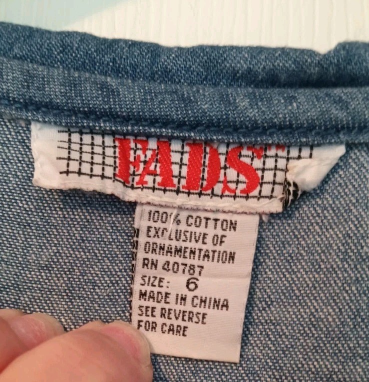 VTG FADS dress blue 100% cotton jean denim l/s embroidery button frnt pockets 6