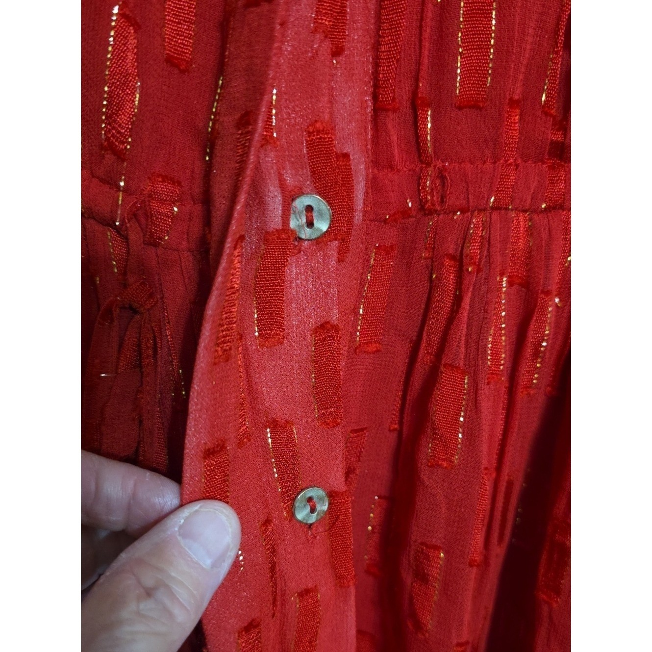 Anthropologie Long-Sleeve Dress Red W/Gold Threading Lined Flowy Gauzy Sz XS EUC
