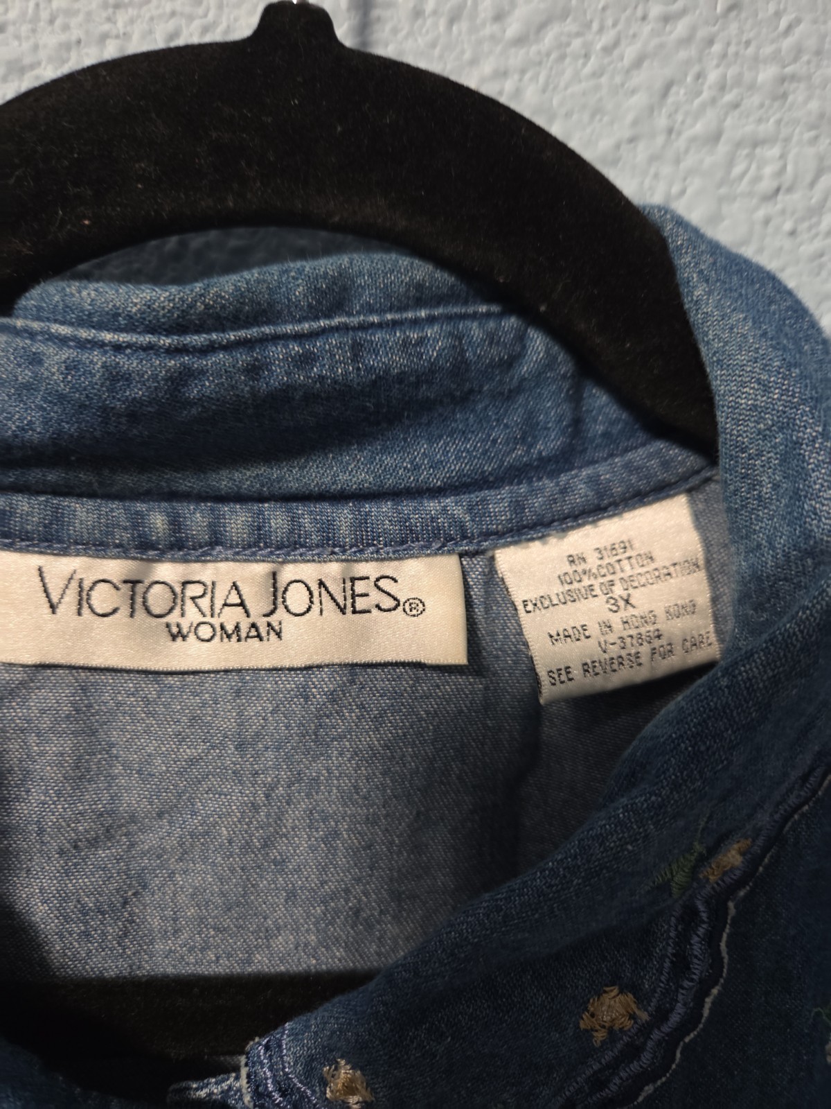 Vintage Victoria Jones Woman 3X Denim Shirt Floral Floral Embroidery 3/4 Sleeve