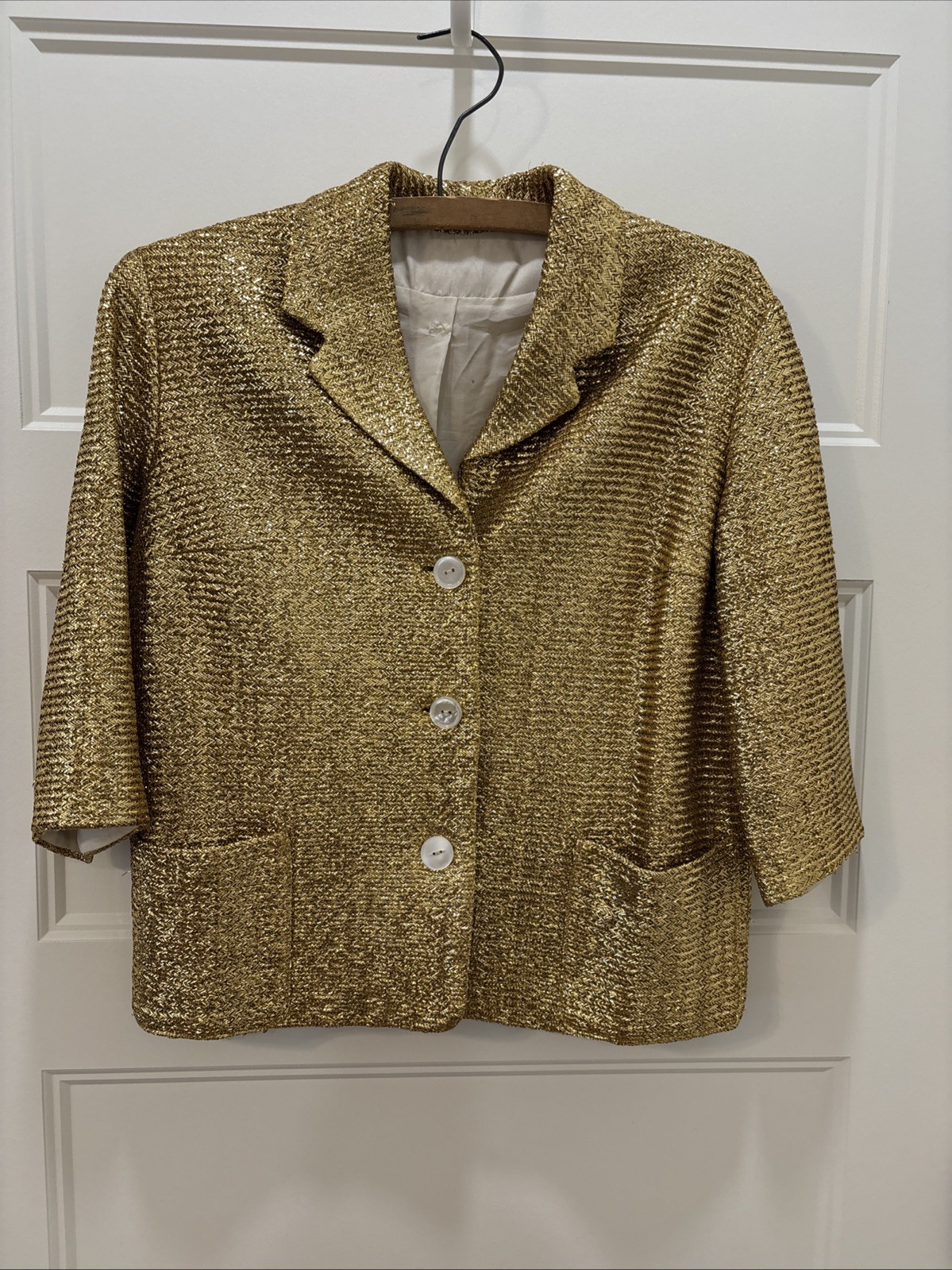 Vintage Evening jacket Gold 3/4 Sleeve 3 Button Pockets Costume Dress Up SZ 10