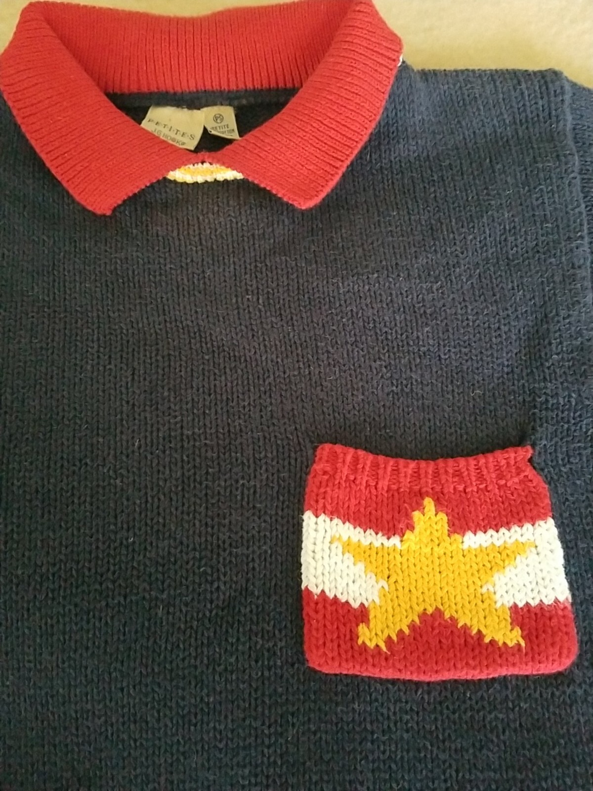 Vtg knitted top petites J G Hook sz ps 100% cotton navy blue short sleeves star