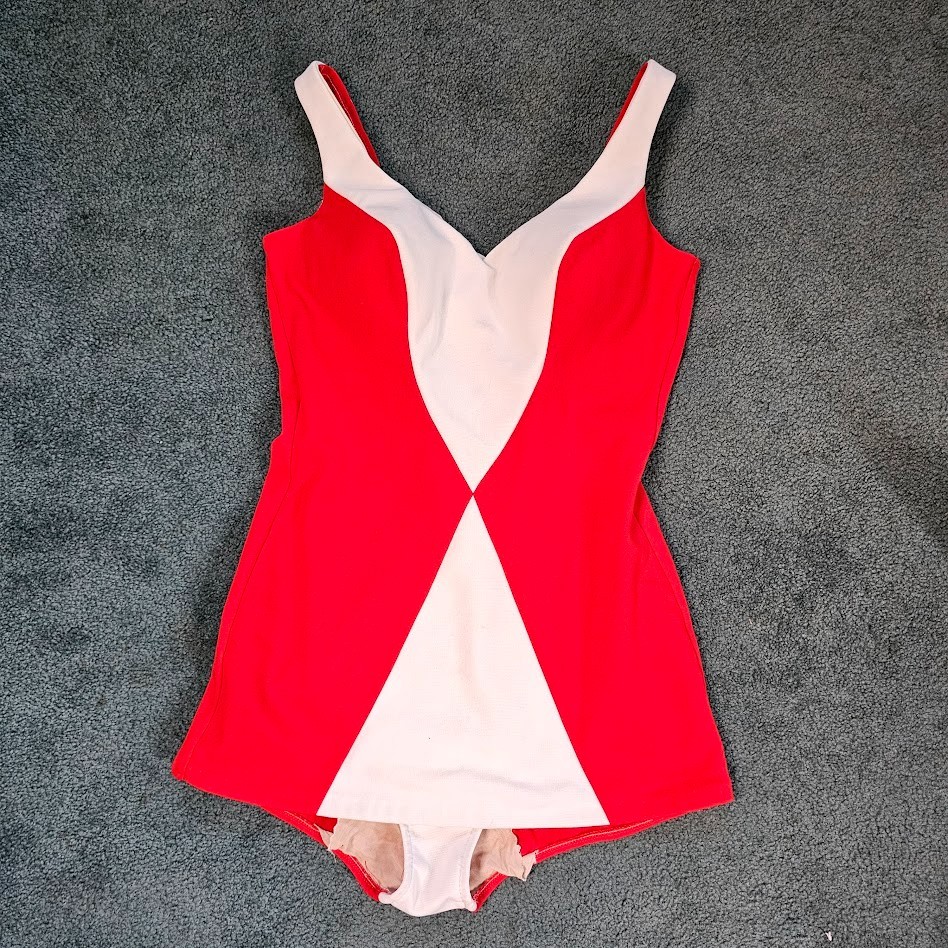 Vtg 70s Mod Color Block Volup Sears Sea Stars Diamond Swimsuit Bathing Suit L/XL