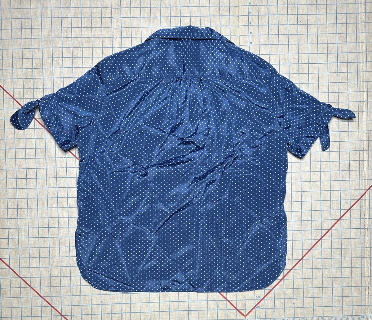 Vintage Lady Manhattan 70s Polka Dot White Blue Button Up Collared Blouse Pin Up