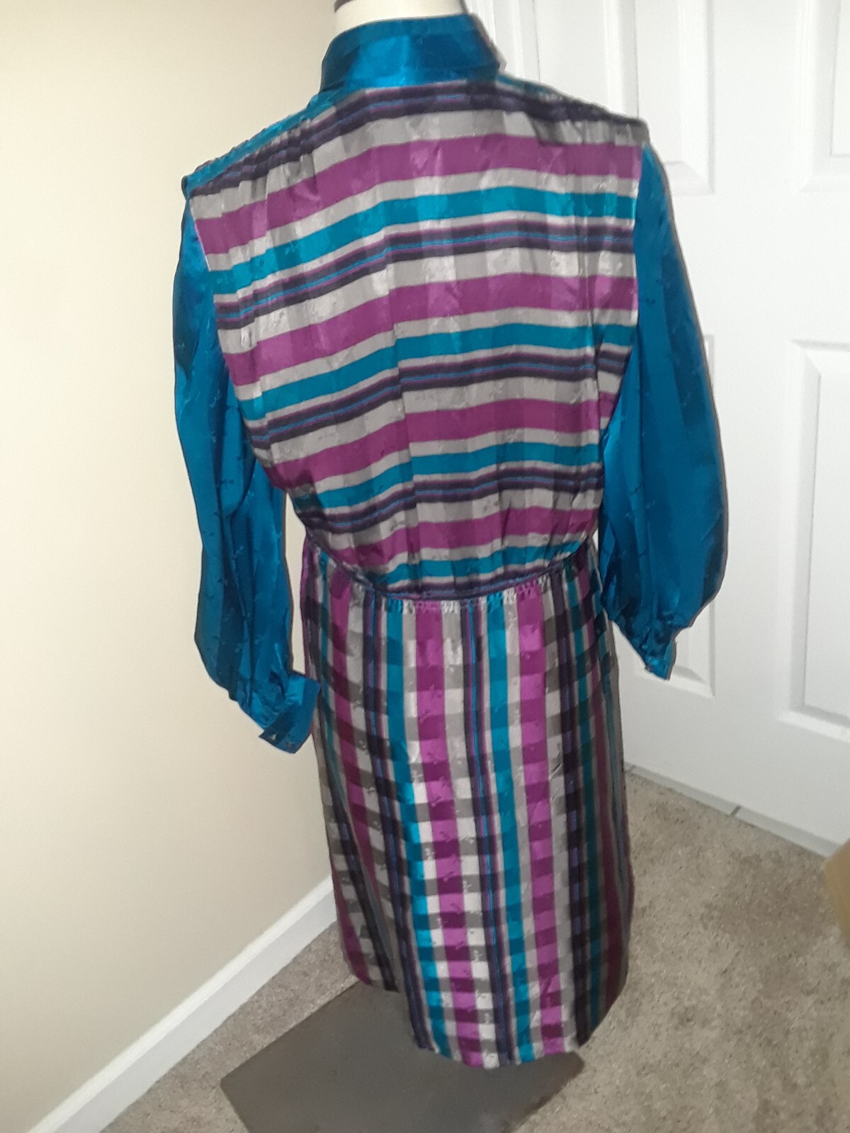 Vtg Francesca of Damon for Starington Turquoise Magenta Striped Silk Dress Sz 10