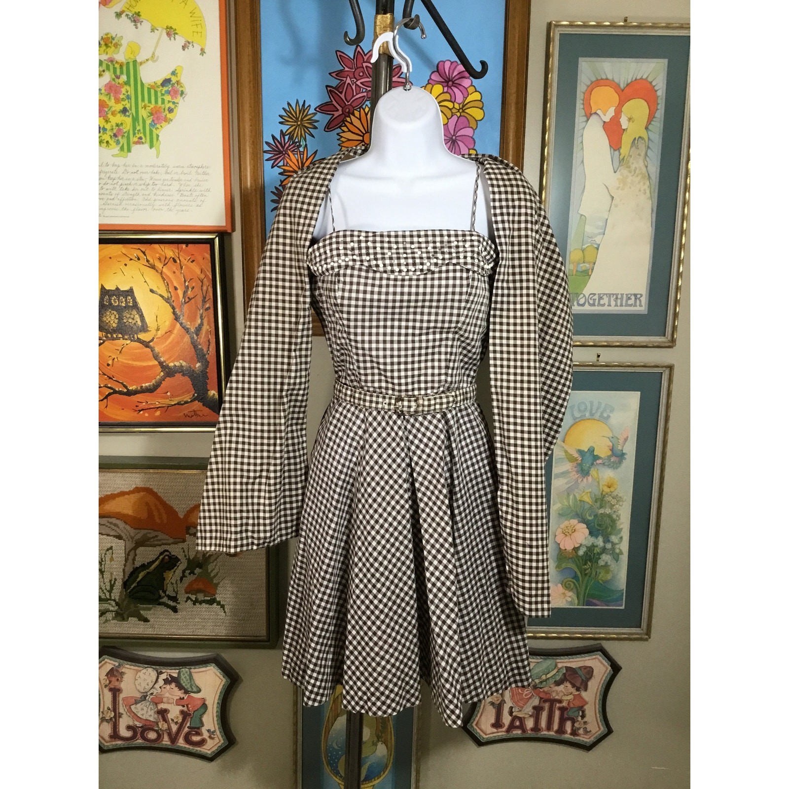 1950s Brown Gingham Sundress Vintage Cotton Check Dress with Shawl Set Small MCM