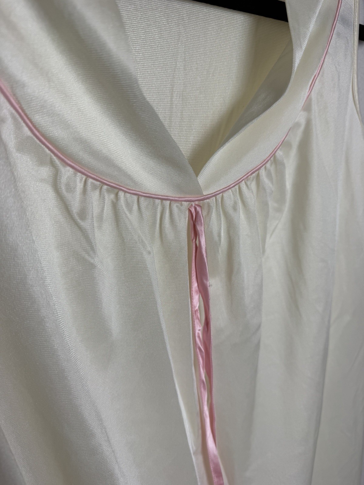 Vintage 1970s Nightgown Sleeveless Off White Pink Trim Tie-Front Detail