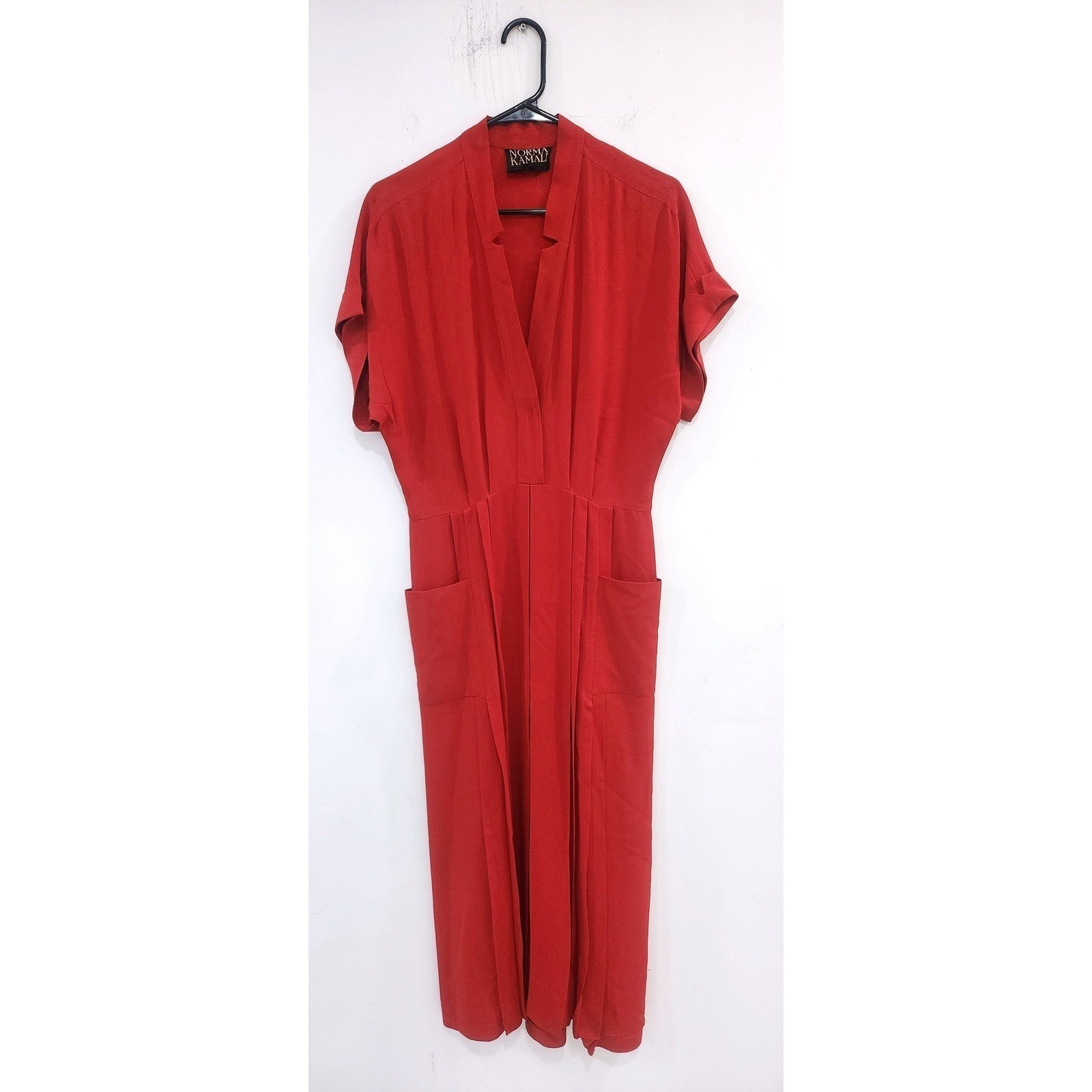 Norma Kamali Vintage Red Pleated V-Neck Midi Dress with Pockets Size 42 US 10