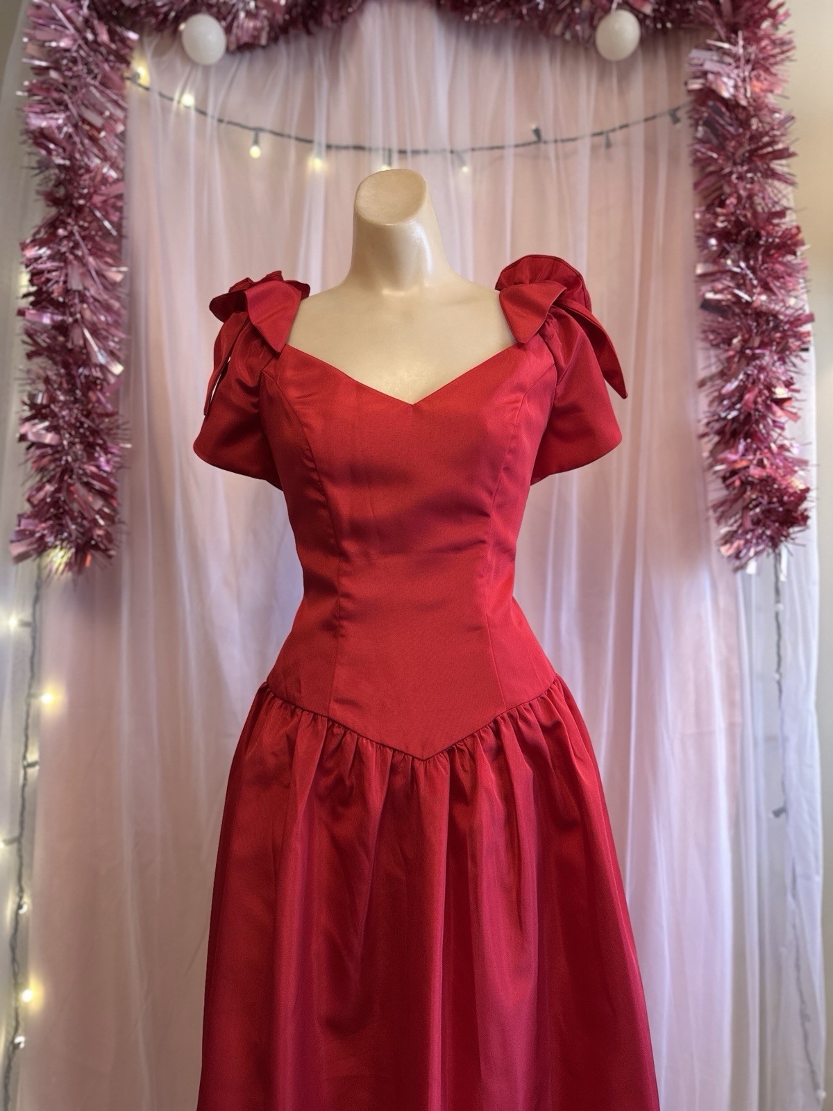 Vintage 80s Party Dress Red Puff Sleeves Bows Knee Length Prom New Wave M