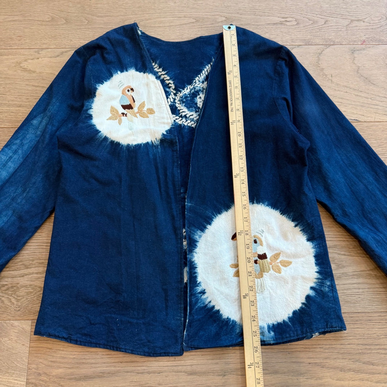 Vintage Indigo Dyed Reversible Jacket Bird Embroidery Tie Dye Blue Boho