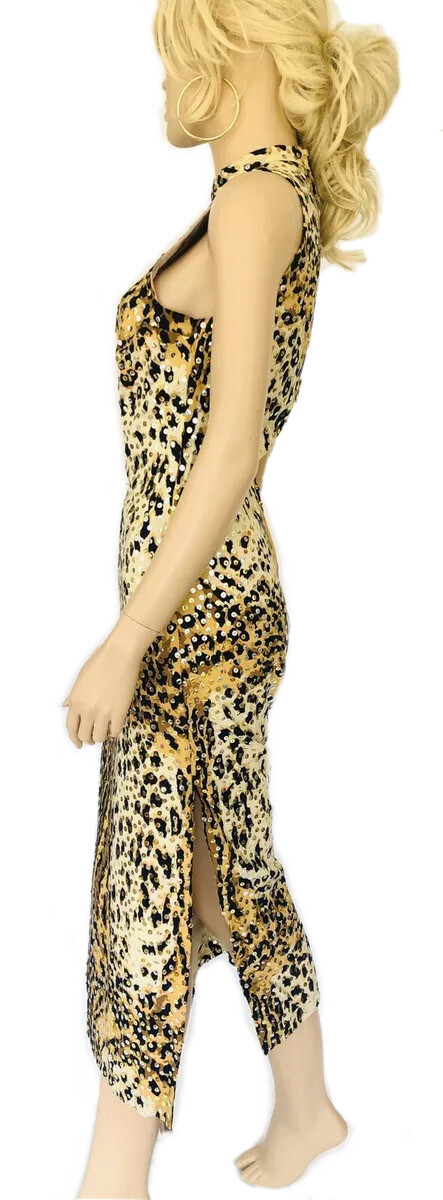 Leopard Sequined Dress Mollie Parnis DESIGNER Midi Long Leg Slit Shift Vintage