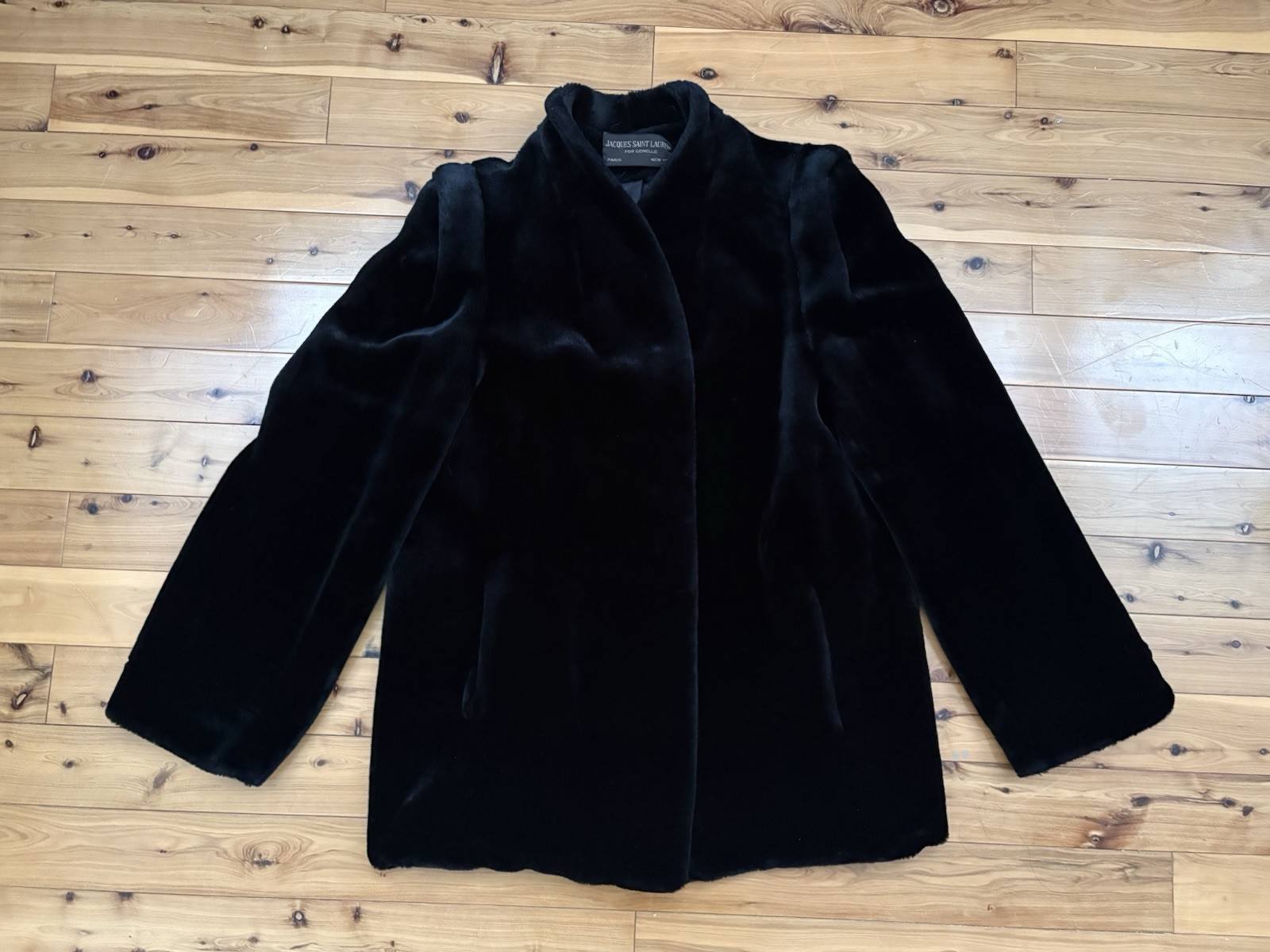 Rare 70s-80s Jacques Saint Laurent Faux Fur Black Coat Shawl Collar L/XL
