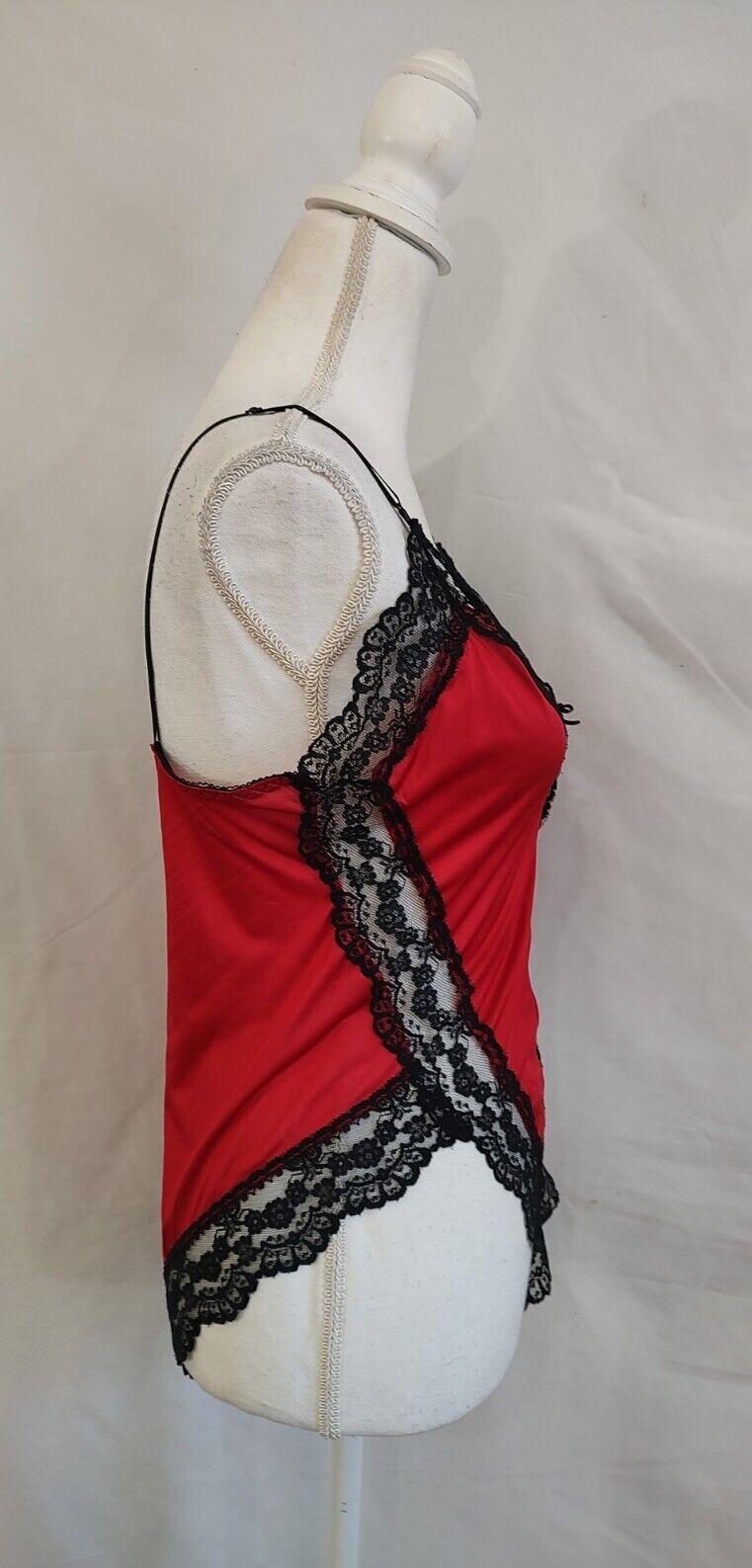 80’s Vintage Teddy Romper Red Nylon & Black Lace Super High Cut Leg Sexy Sz S