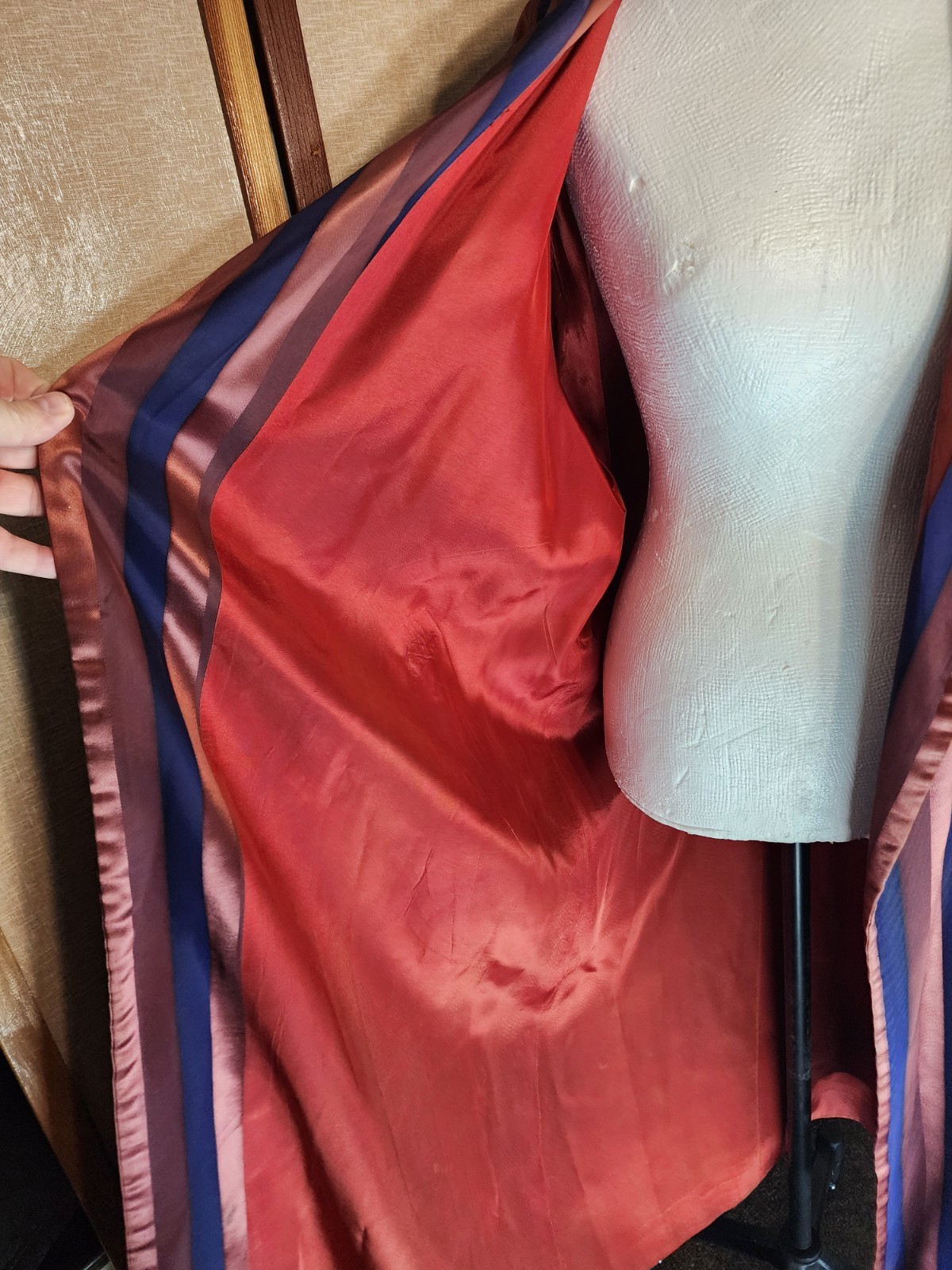 Royal Lounger Smoking Jacket 40s Maroon Blue Stripes Satiny Dressing Gown Deco