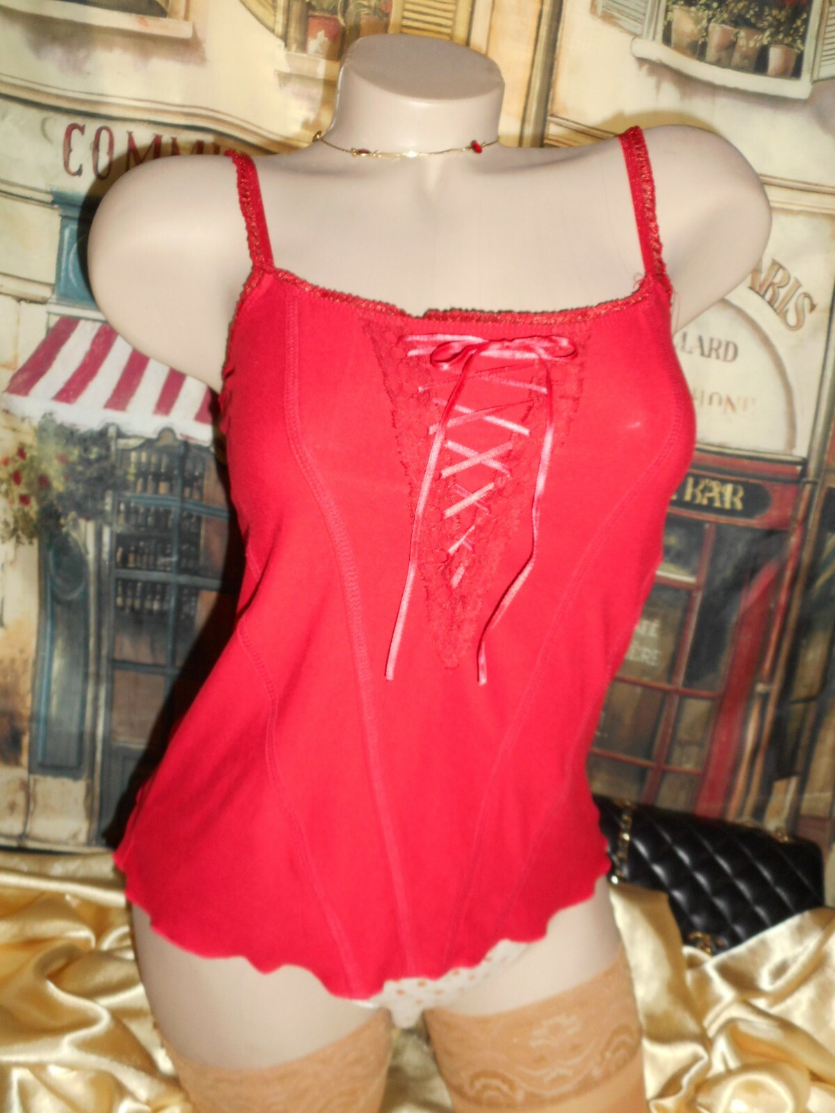 S M Red Lace-up Cami Corset Style Detail Satin Ribbon m/i USA