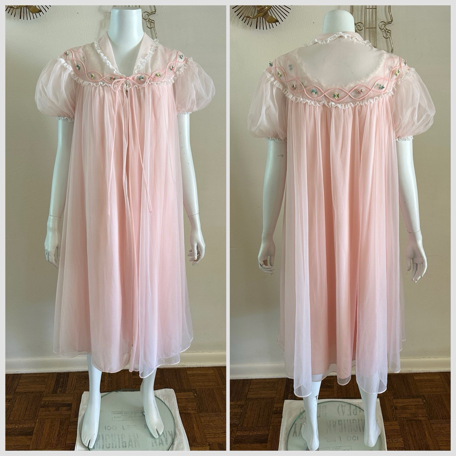 1960s Gotham Pink Nylon Peignoir Set Babydoll Chiffon Lace Lingerie Robe M VTG