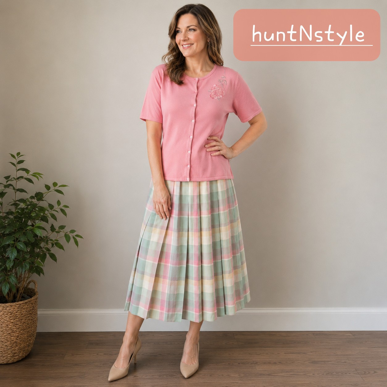 VNTG PENDELTON 2pc Plaid Virgin Wool Skirt & Pink Silk Blend Blouse Top 16 USA