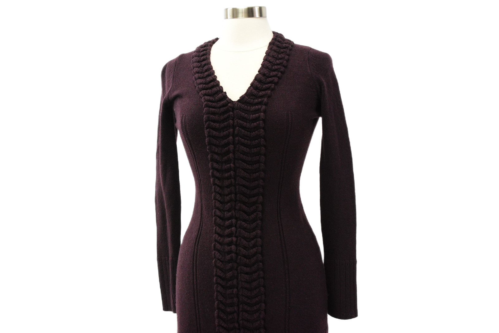 Y2K Vintage Chococlate Brown Sweater Dress Womens S Ruffled V Neck Mini Sheath