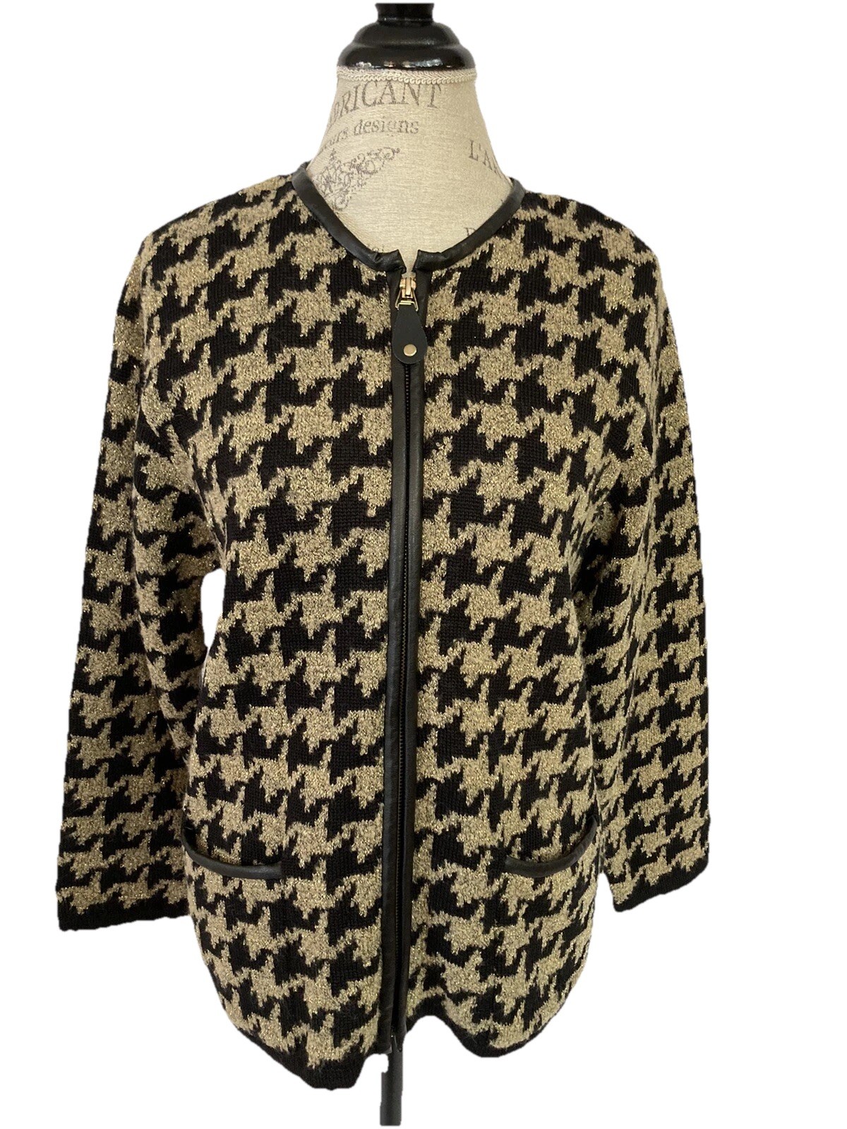 Vintage Rochelle California Women’s Sweater Jacket Zip Metallic Black Gold Sz PL