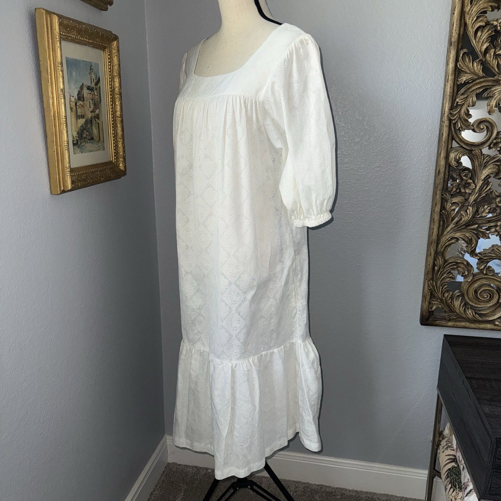 Vintage 80s White Prairie Dress Boho Farmhouse Lace Soft Girl Medium Periphery