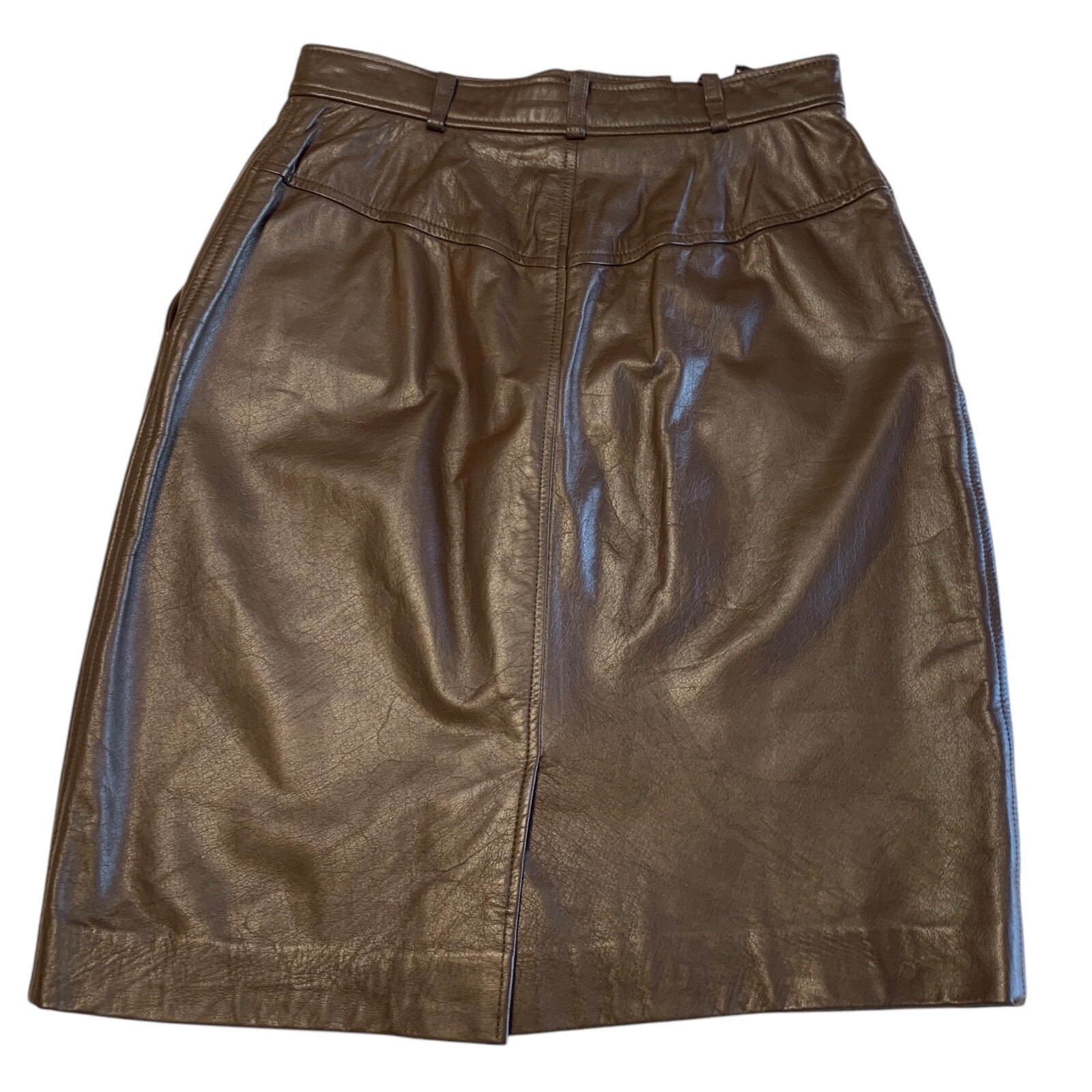 Vintage 80s Brown Leather Skirt Size 8 Zip Up Pockets Straight Lined Knee Length