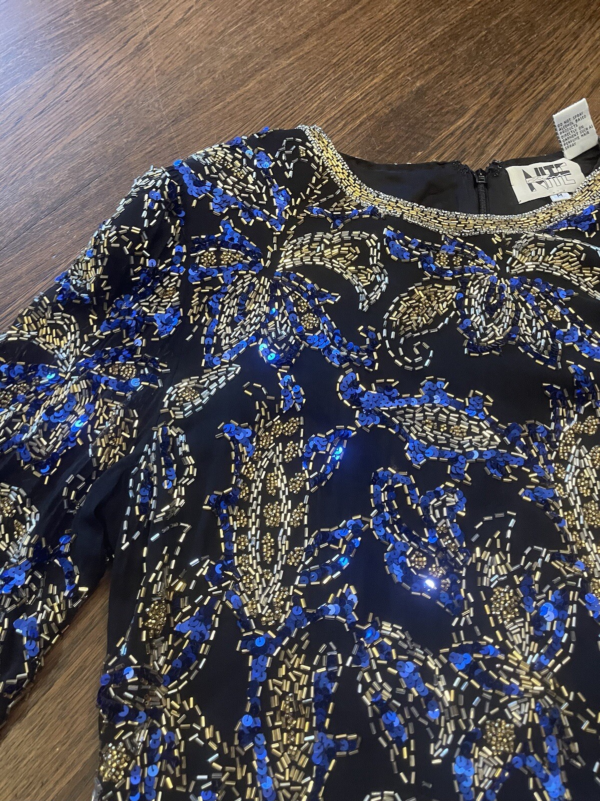 Blue Sparkles Vintage 1980s 80s 1990s 90s Nite Line Silk Beaded Top M Medium