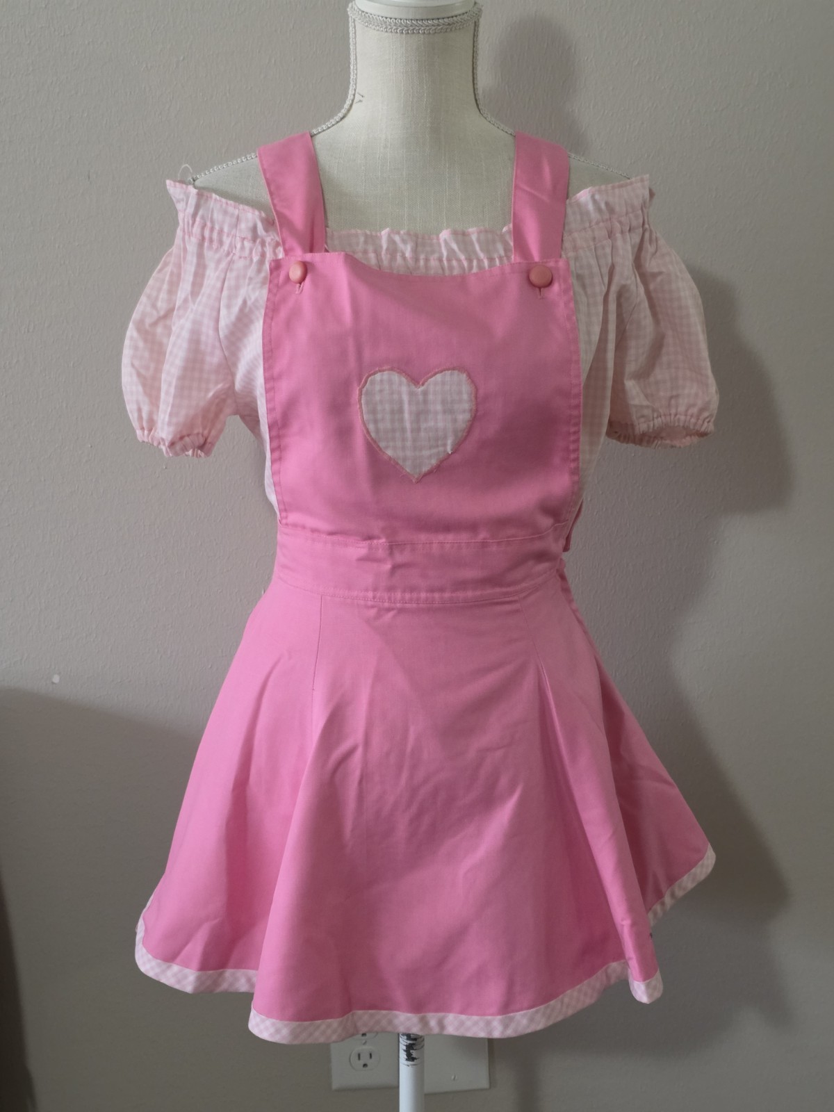 Vintage 70s Overall Dress Outfit Size 0 XS Pink Gingham Peasant Blouse Teens