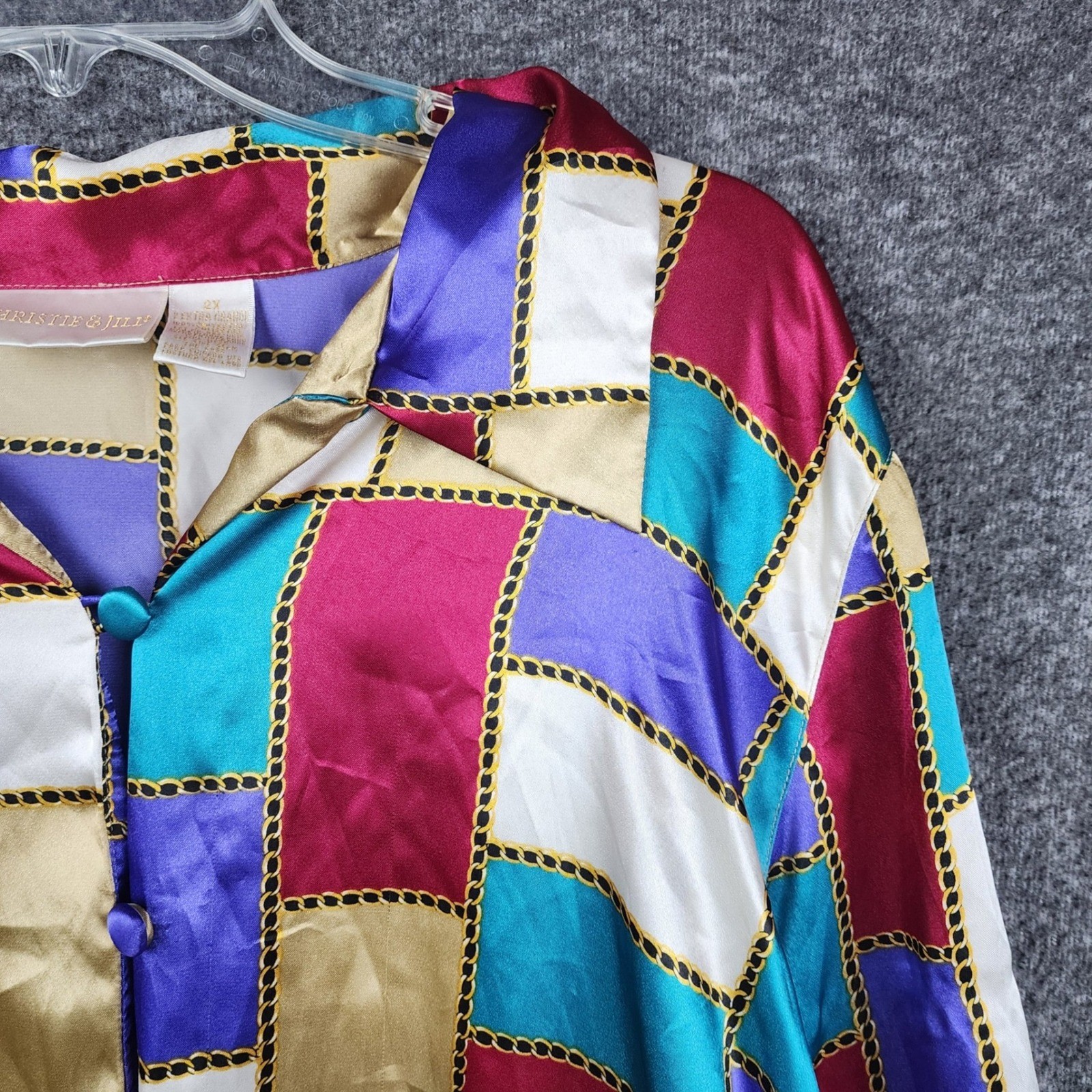 Christie & Jill Button Down Blouse Womens 2X Multicolor Chain Geometric Vintage