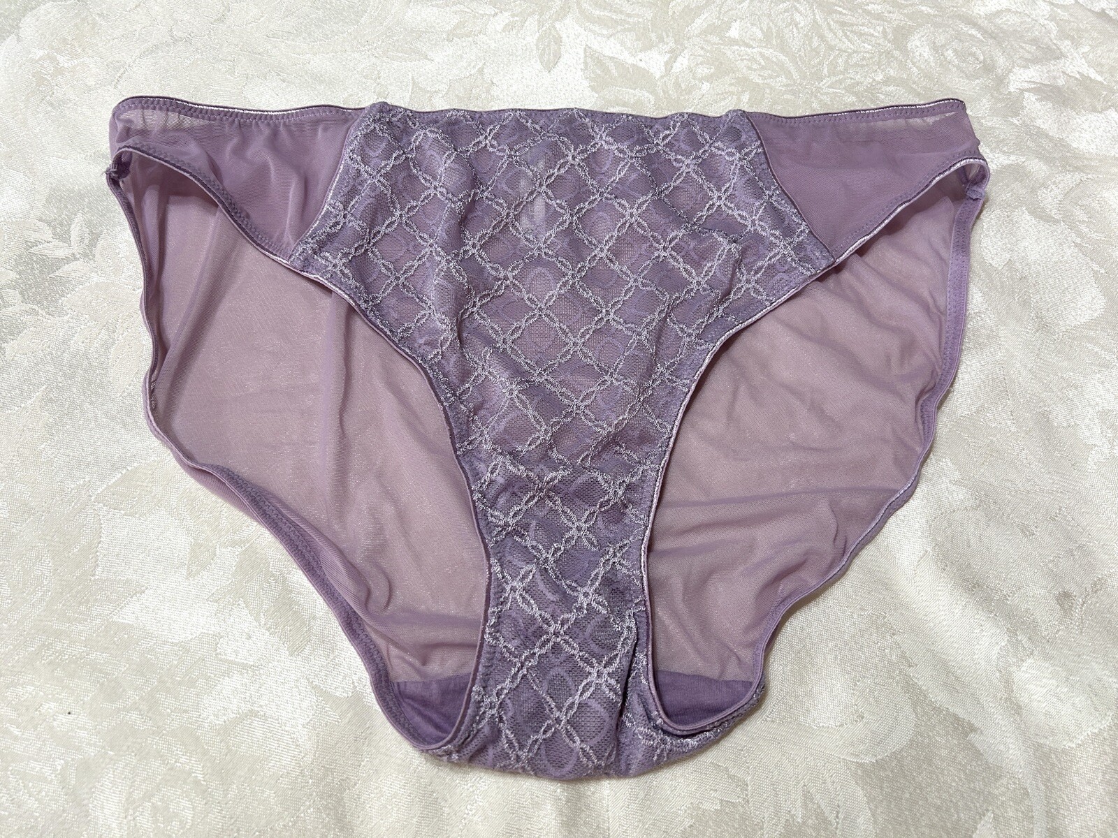 Vtg Nylon Sheer Lace Diamond Embroidery Hi-Cut 2X Lavender Panties #237