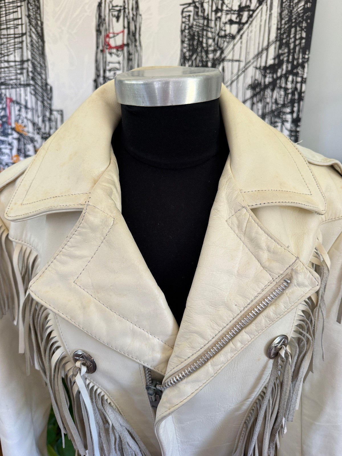 Vintage Biker Jacket Park V White Leather Fringe Motorcycle 36 1980s Moto Thrash