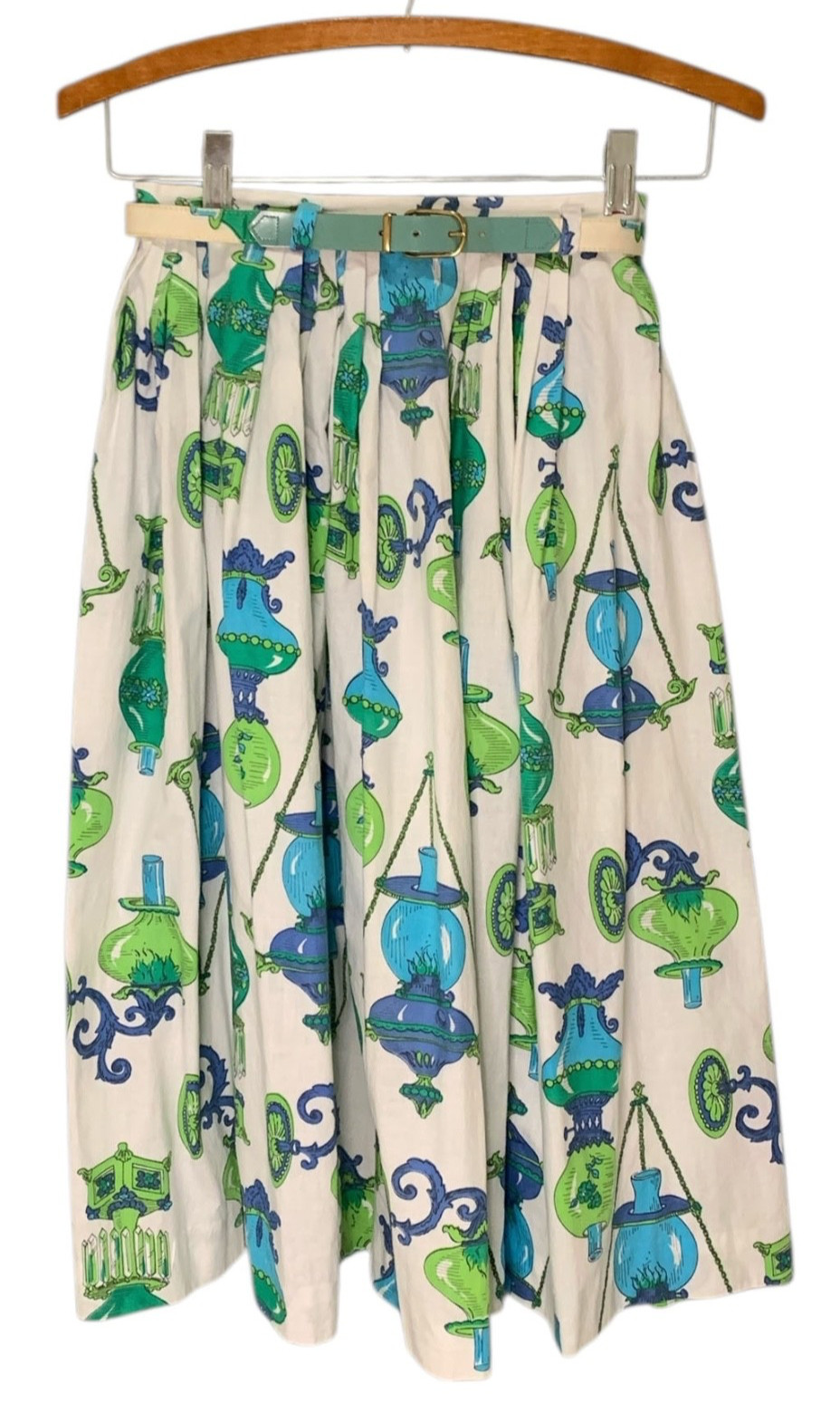 Vintage 60s Women’s Blue + Green Novelty Lamp Print Skirt with Belt- Sz XS/S
