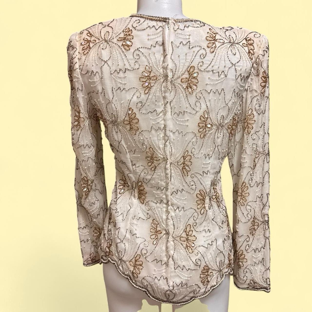 VTG Stunning Cream And Gold Beaded Blouse Size L Bridal Formal Cocktail