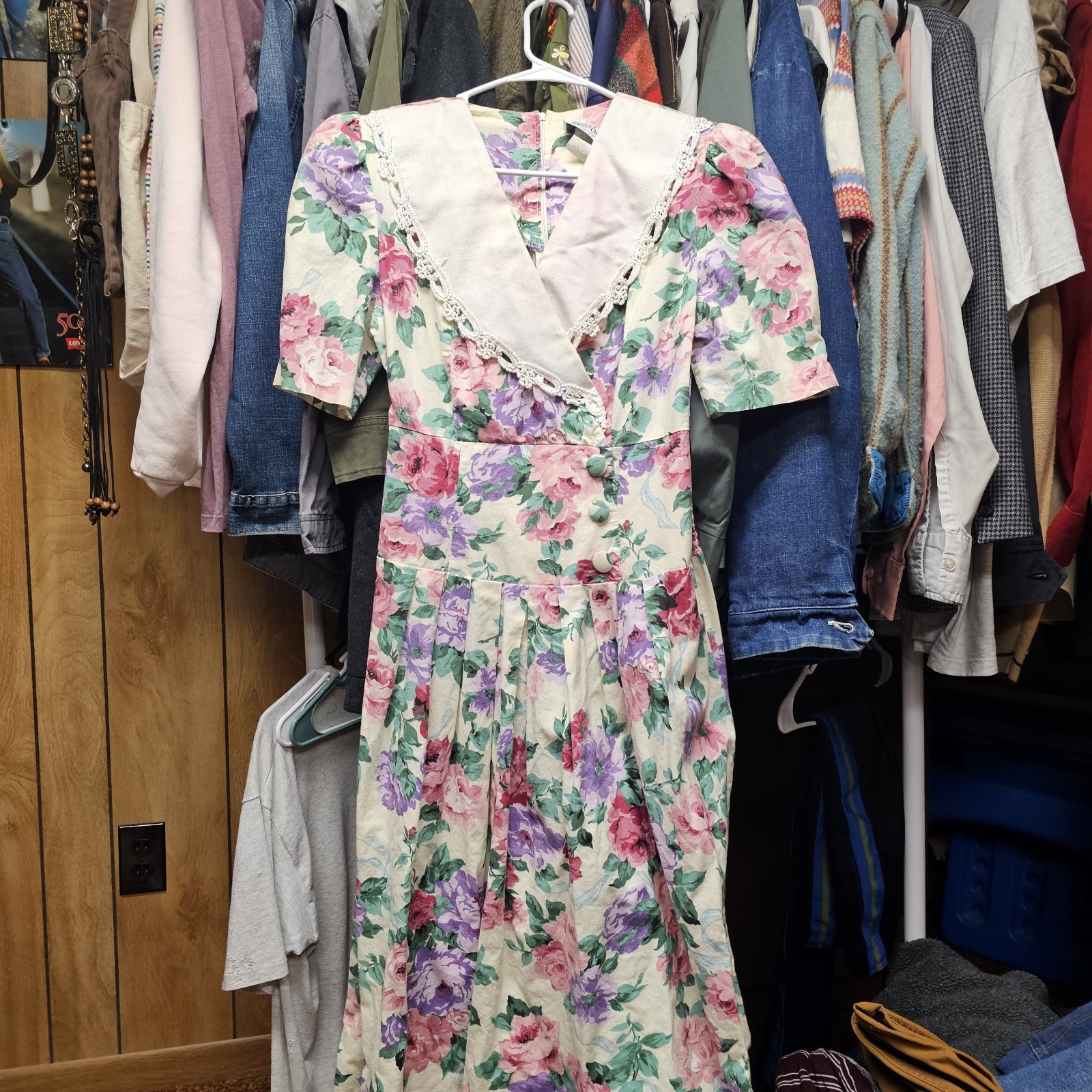 miss dorby 1980s Floral Cotton Tea Dress Ivory Pink Purple Green Size 16