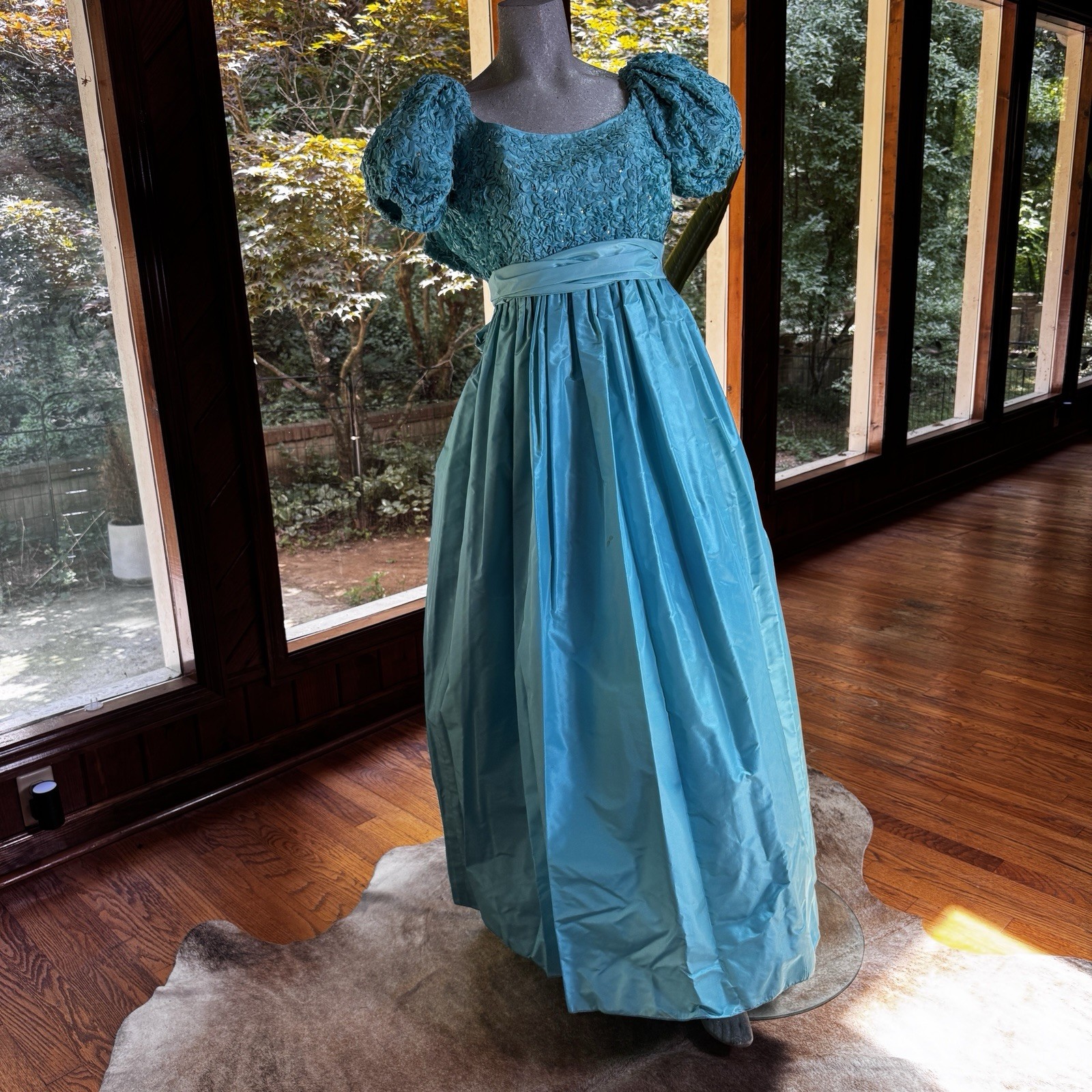 Vintage 1980s Richilene Saks Turquoise Taffeta Puff Sleeve Formal Prom Dress 8