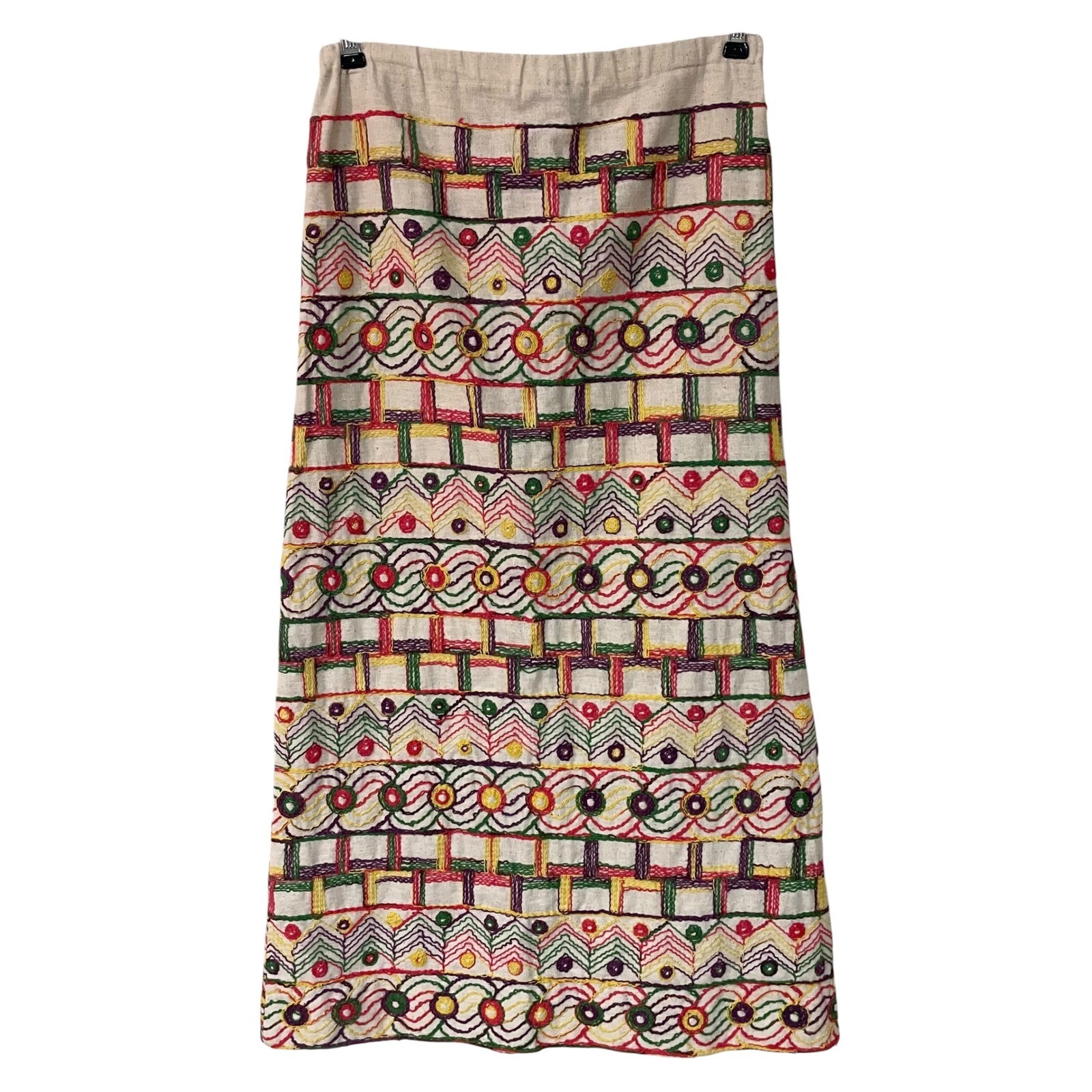 Vtg Chequers Hand Embroidered Button Up Maxi Skirt Boho Maximalist Folklore 29″