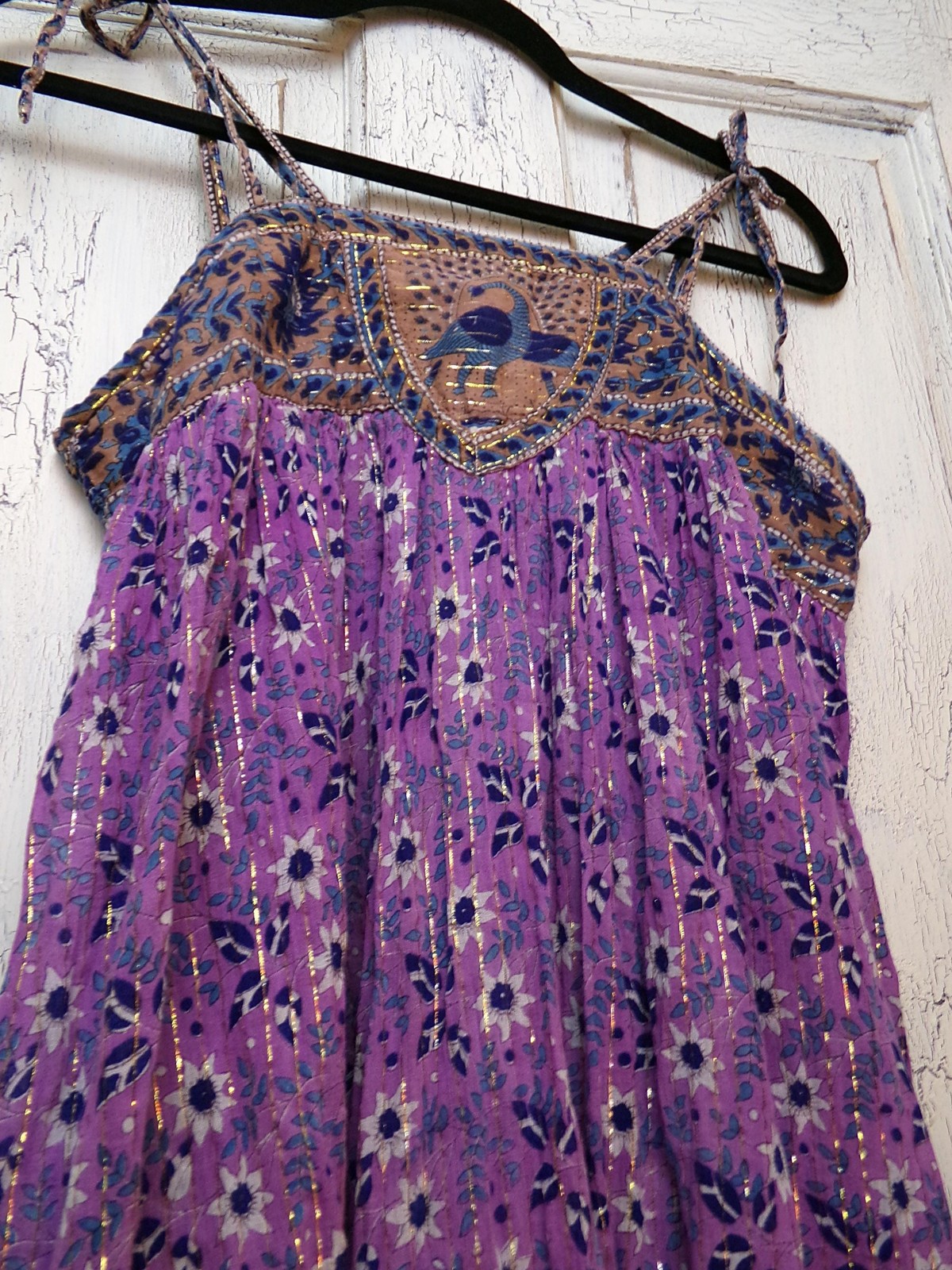 vtg Starina Paris dress, rare 1970s India boho golden peacock gauze sundress, S