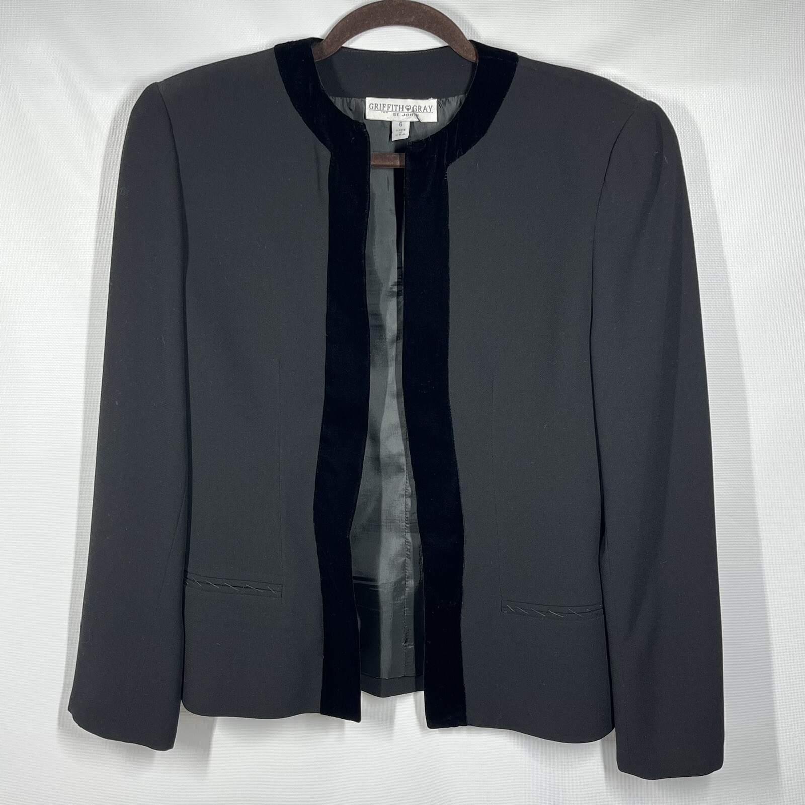 Griffith Gray for St John Wool Jacket 6 Black Tuxedo Style w/Velvet Trim USA Vtg