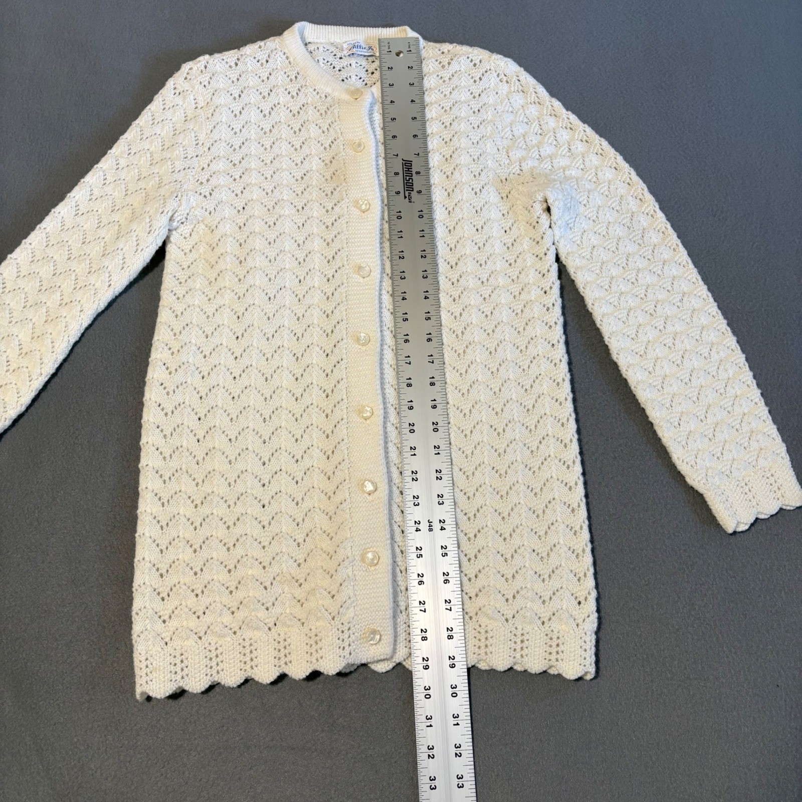 Vintage 60s Billie Jo Cardigan Sweater Women M Ivory Pointelle Knit Scallop USA