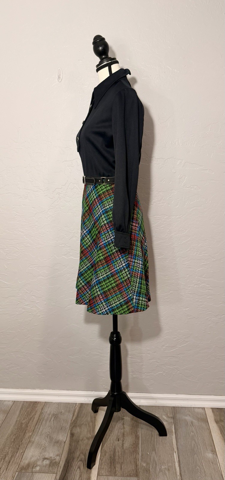 Vintage Mod 60s Black And Plaid Belted Dress Women’s Medium