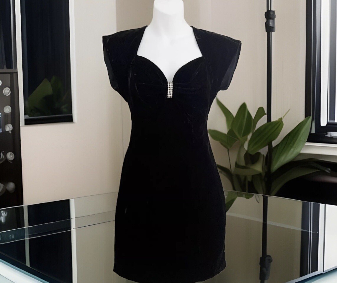 Vtg 1980s RAMPAGE Velvet Dress XS Black Rhinestones Vixen Short Sleeve Babydoll