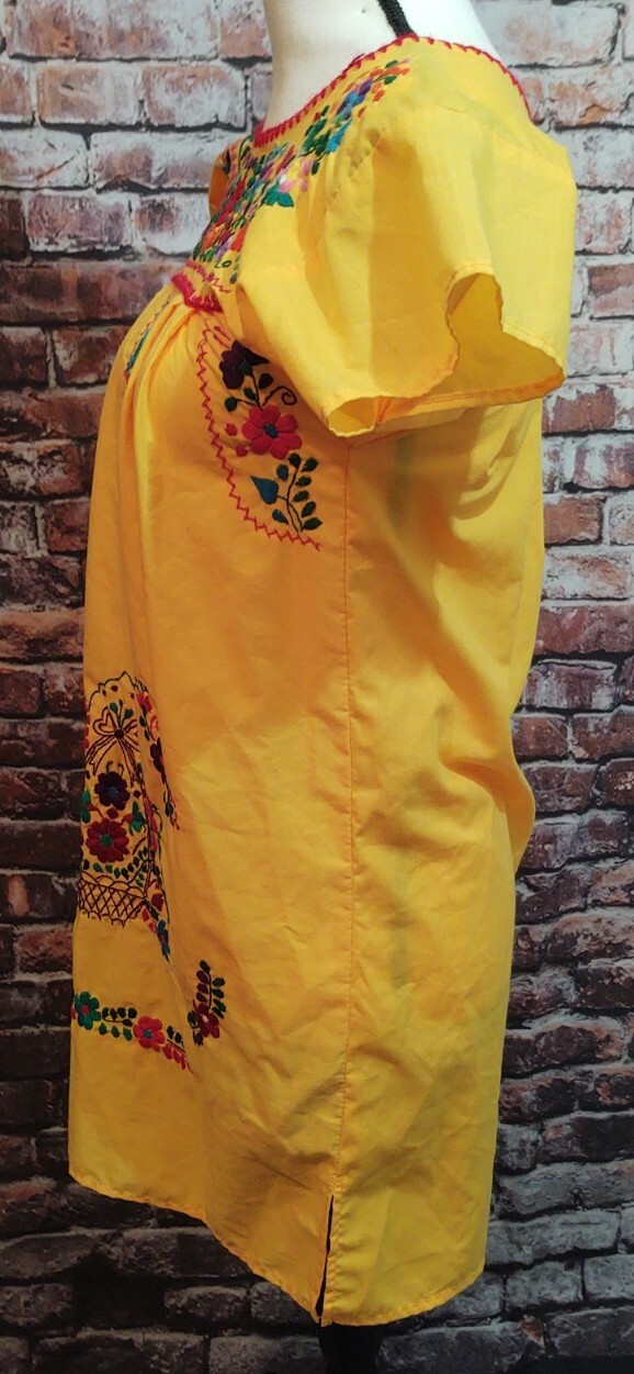 VINTAGE HANDMADE MULTICOLOR EMBROIDERED FLORAL HAWAIIAN DRESS OR SHIRT YELLOW