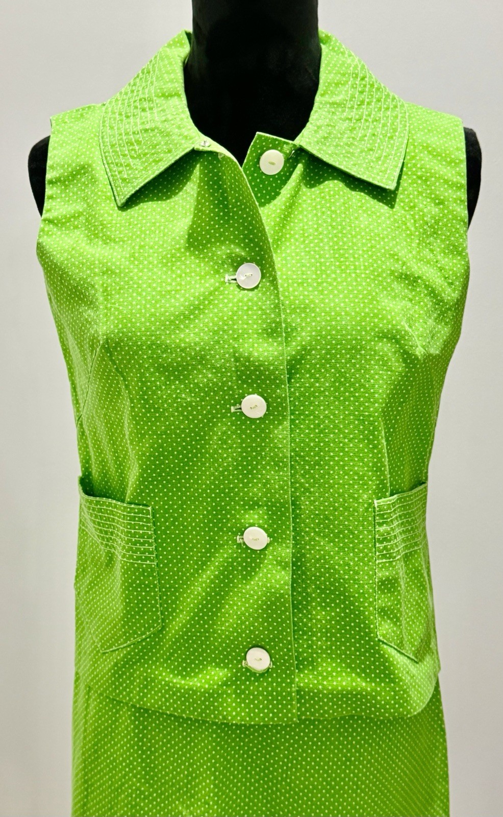 Vintage 1970s Women’s Heavy Cotton Green & White Polka Dot 2 Piece Top/Skirt