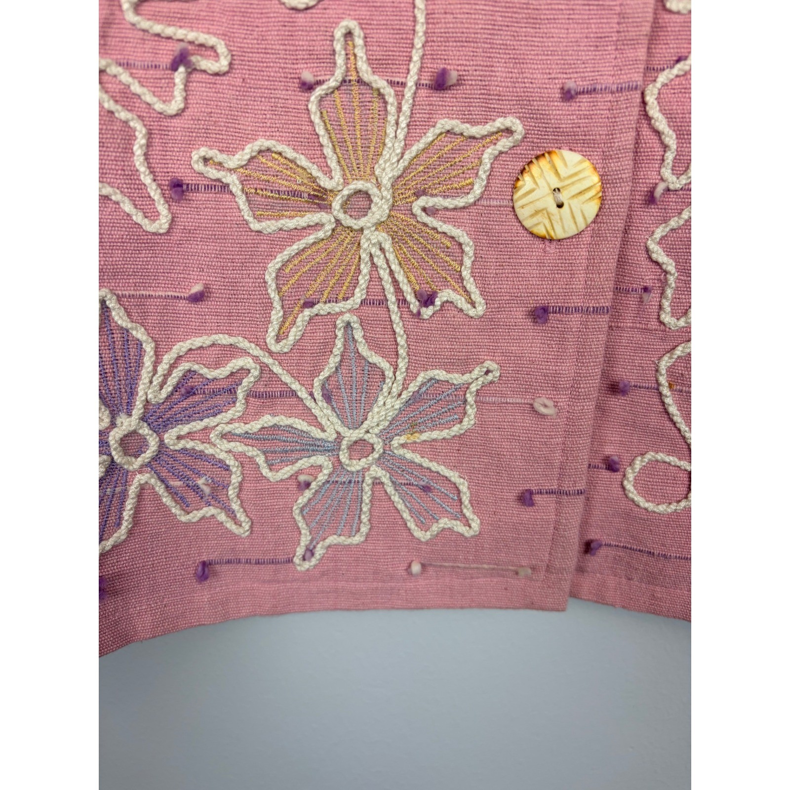 Alex Kim Pink Embroidered Floral Cotton Jacket Medium Art To Wear Boho Statement