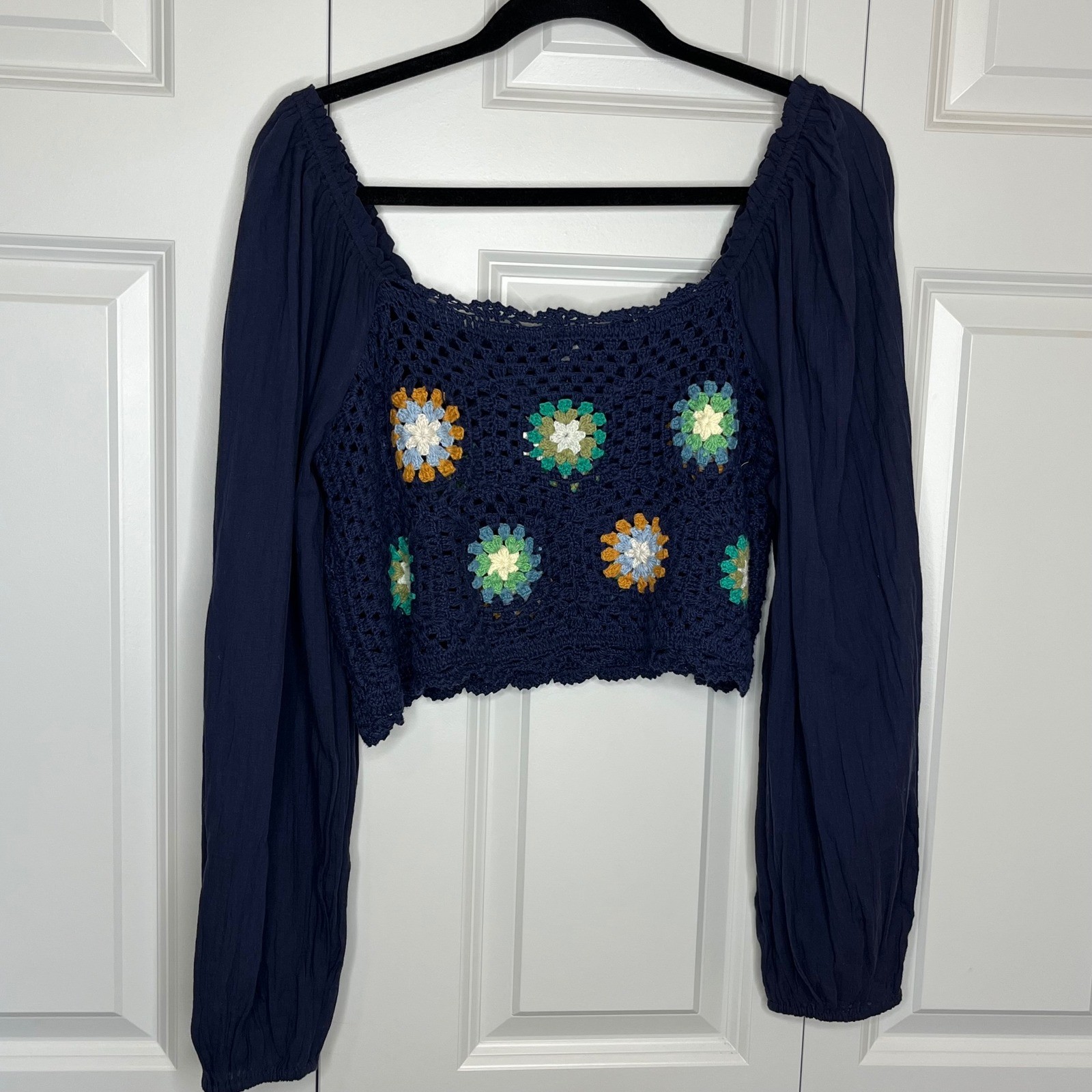 Aerie Crochet Granny Square Crop Top Navy Blue Balloon Sleeve Small Boho NWT