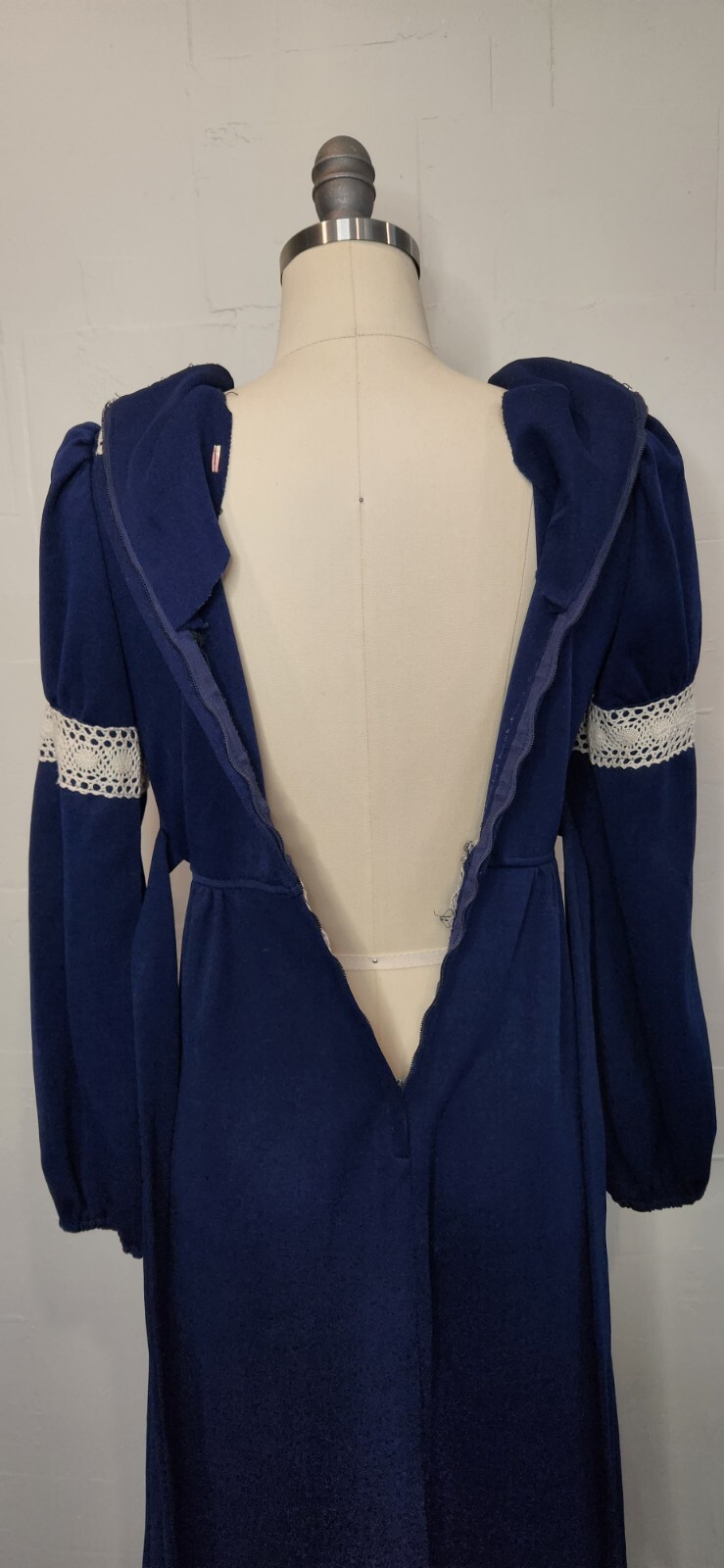 Vintage 70s Royal Blue Ivory White Lace Maxi Dress Tie Empire Waist S or M