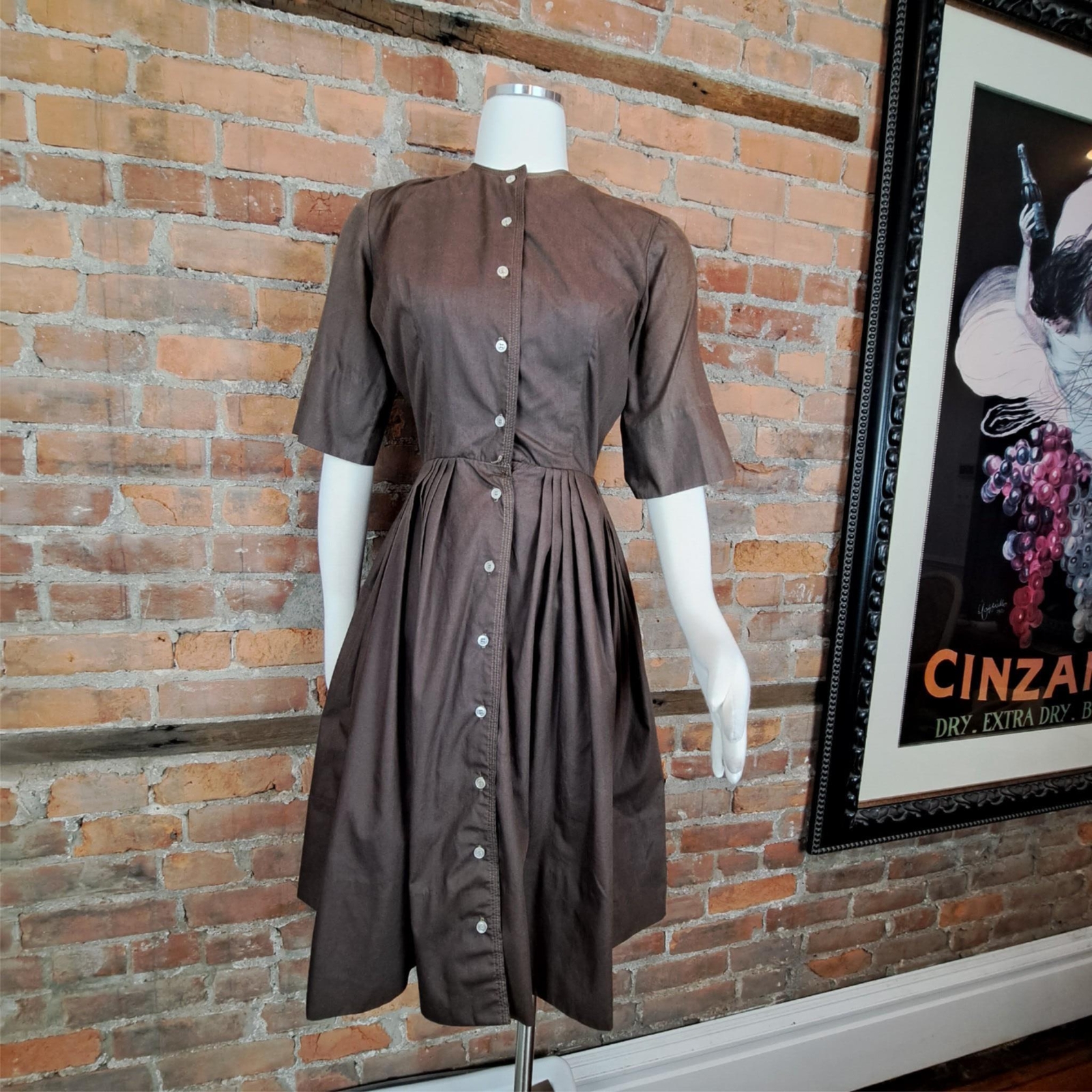 Vintage 1950s Day Dress Brown Button Front Full Skirt 3/4 Sleeves Size /64
