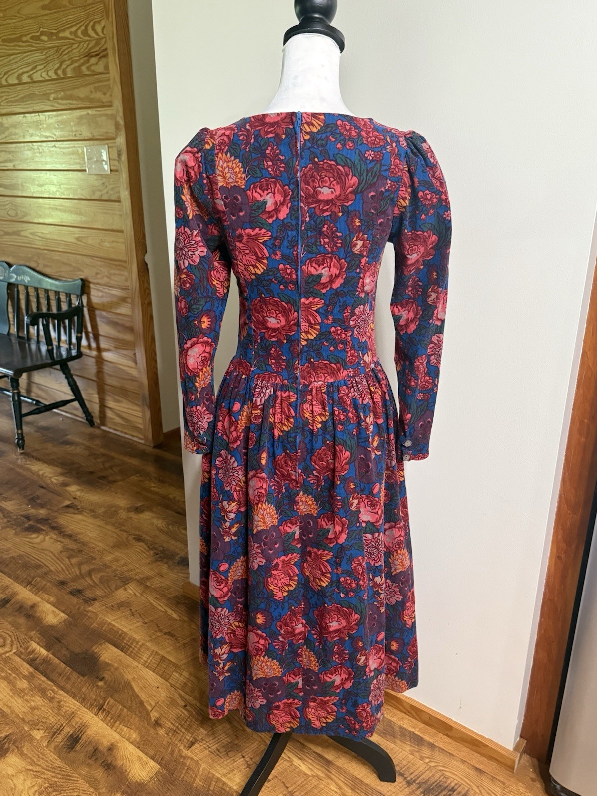 VTG 90s Laura Ashley Blue Red Purple Floral Puff Sleeve Corduroy Dress 10