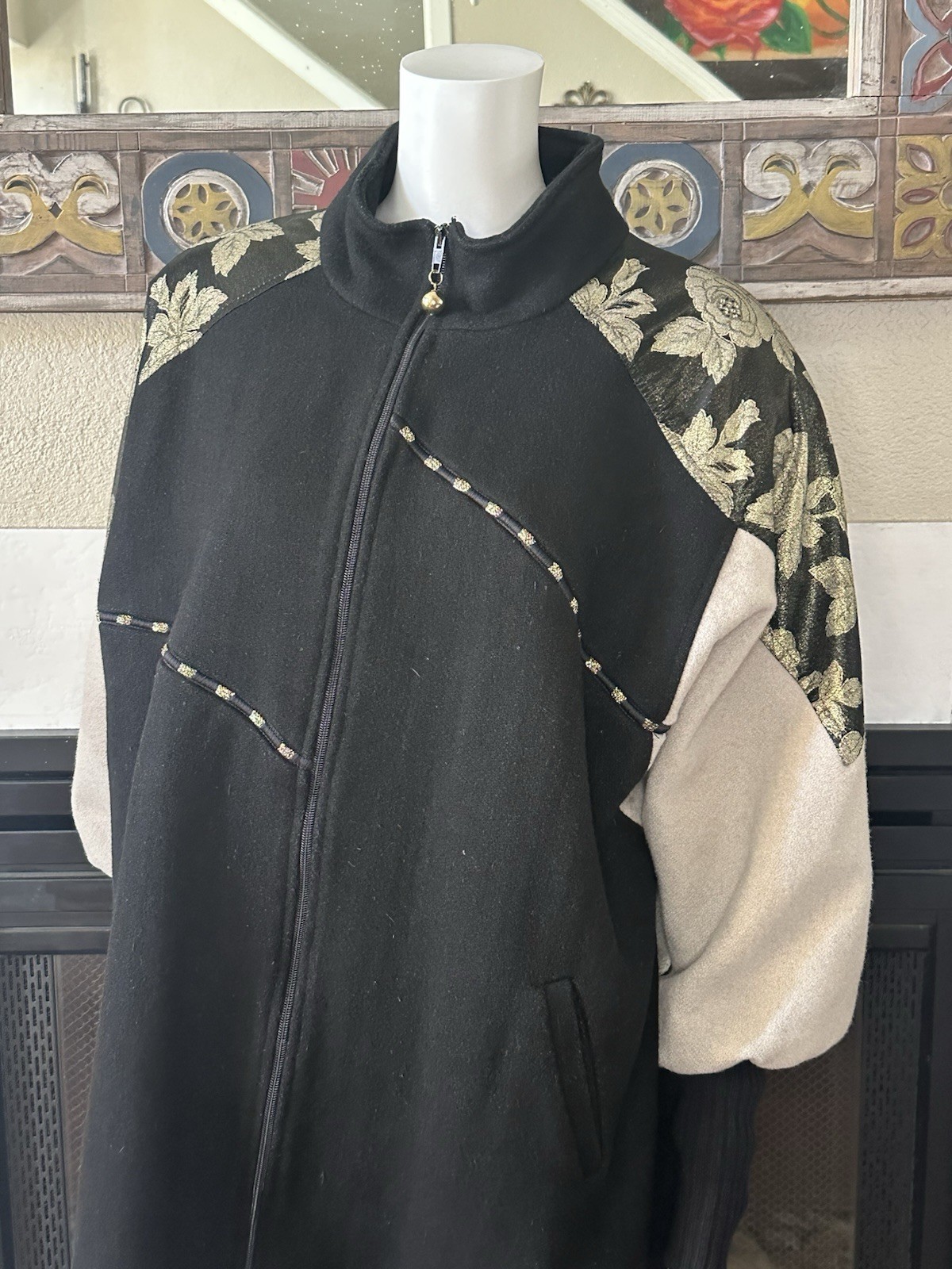 Vtg Wool Coat XL Lady Suzette Black Gold 80s Glam Zip Up Jacket Bat Wing Sleeves