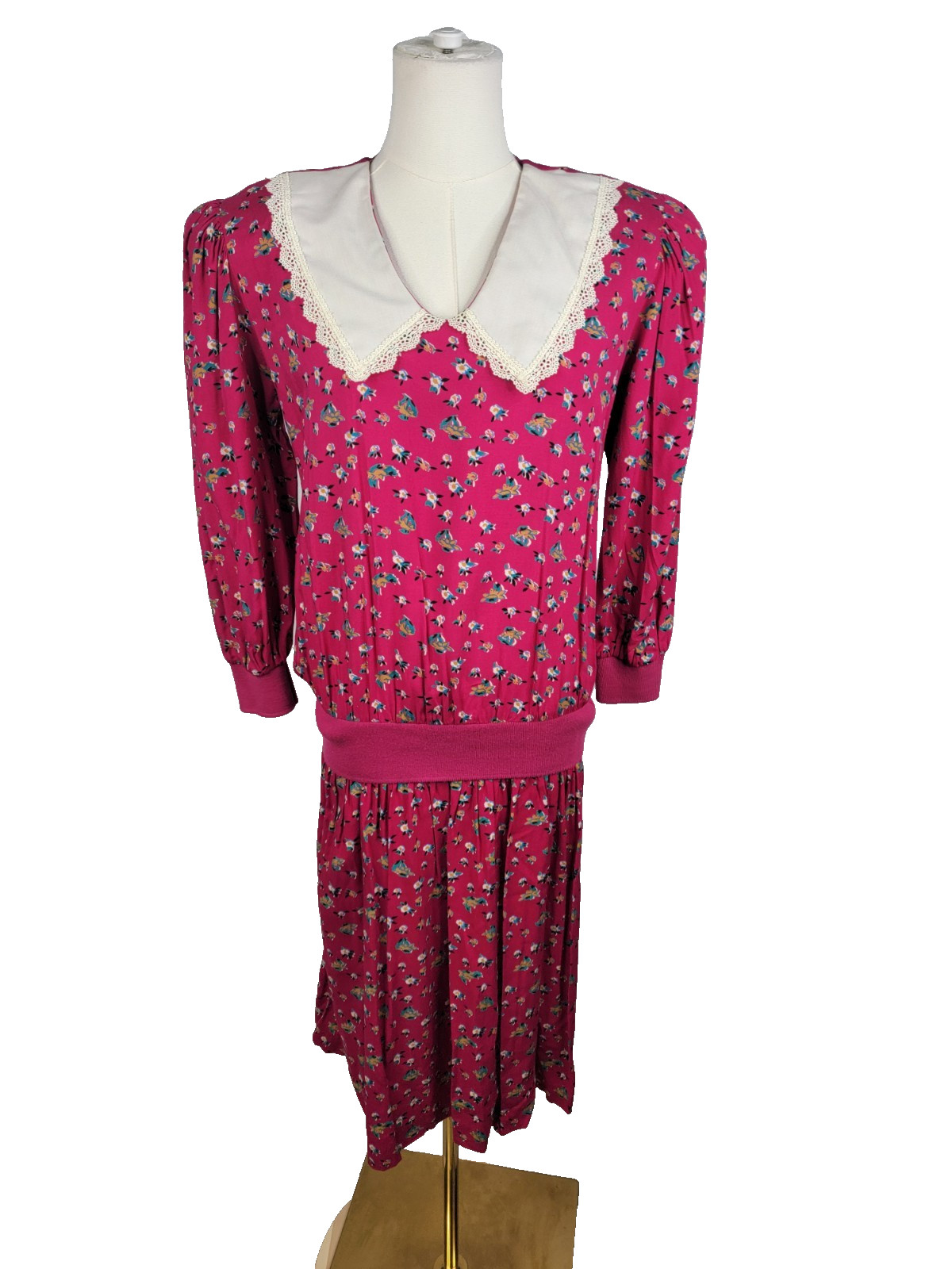 Vintage 80s Natalie Magenta Floral Drop Waist Dress Size 8P