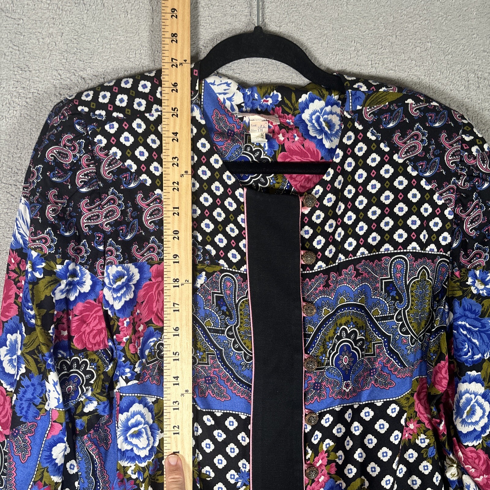 Vntg Lady Carol Of New York Blouse Button Up Paisley Floral Black Shoulder Pads