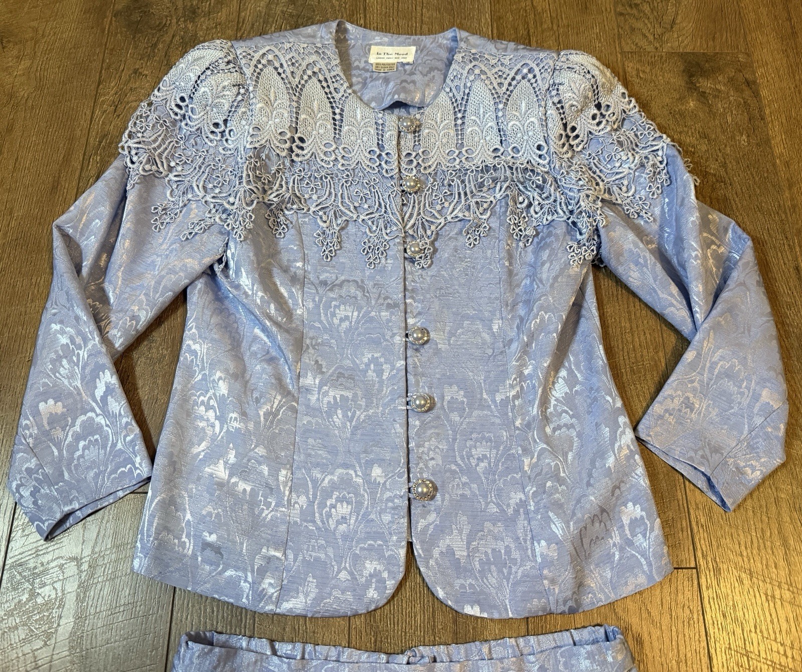 Vintage 2pc Skirt/ButtonTop Sz 12 In the Mood Blue Shimmer Floral Lace